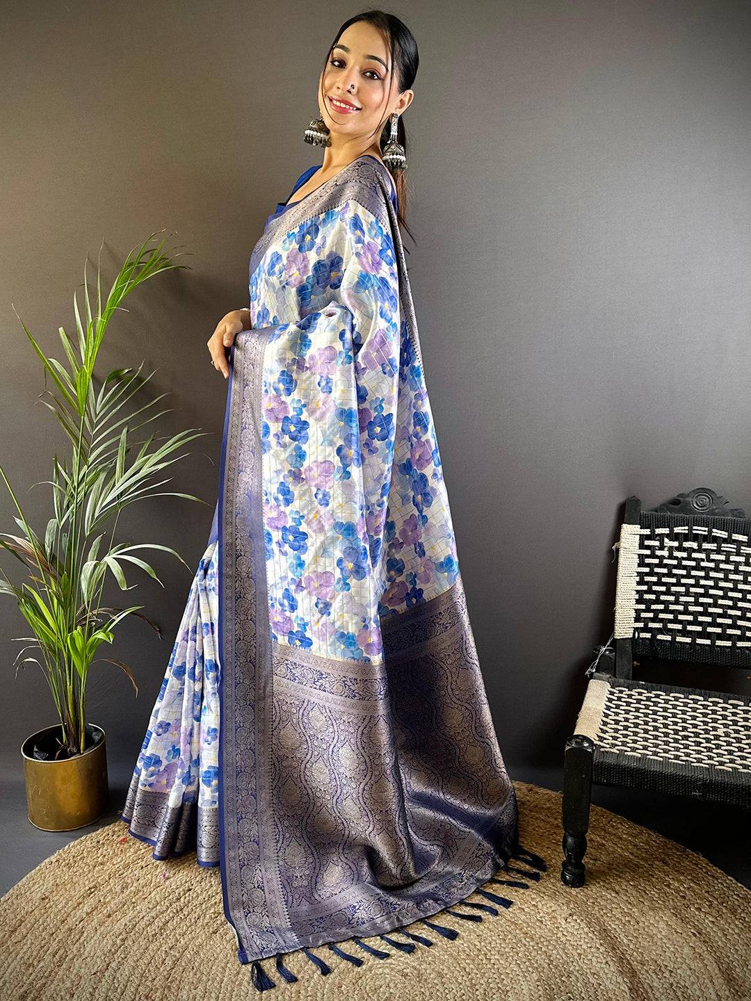 Serene Sky Blue Floral Saree by My Store