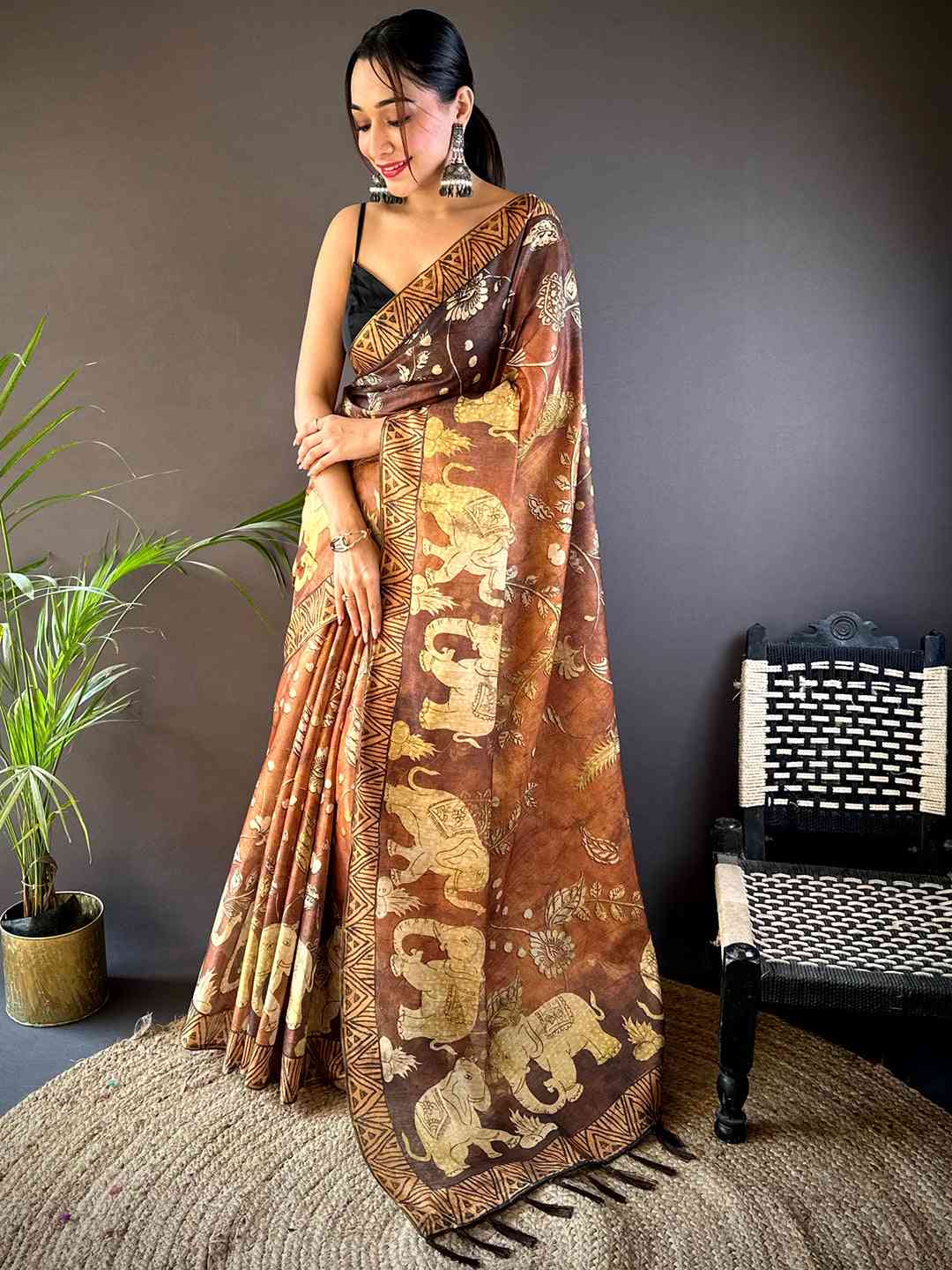 Mustard Kalamkari Block Print Chanderi Saree by My Store