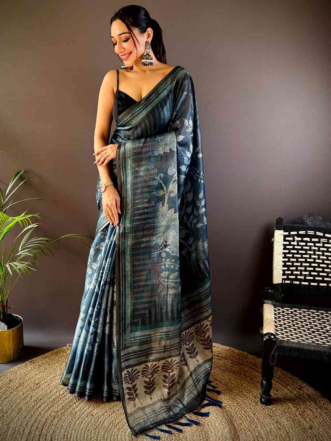 Deep Teal Floral Stripes Tissue Saree by My Store