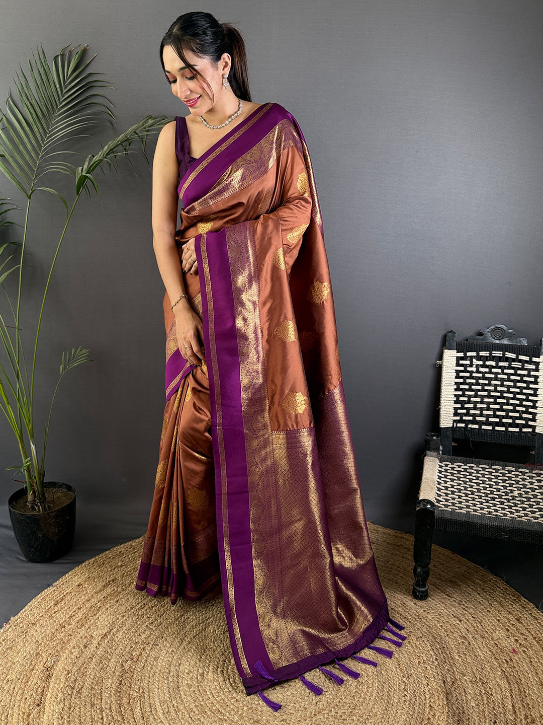 Gold Zari Bantex Border Silk Saree by My Store