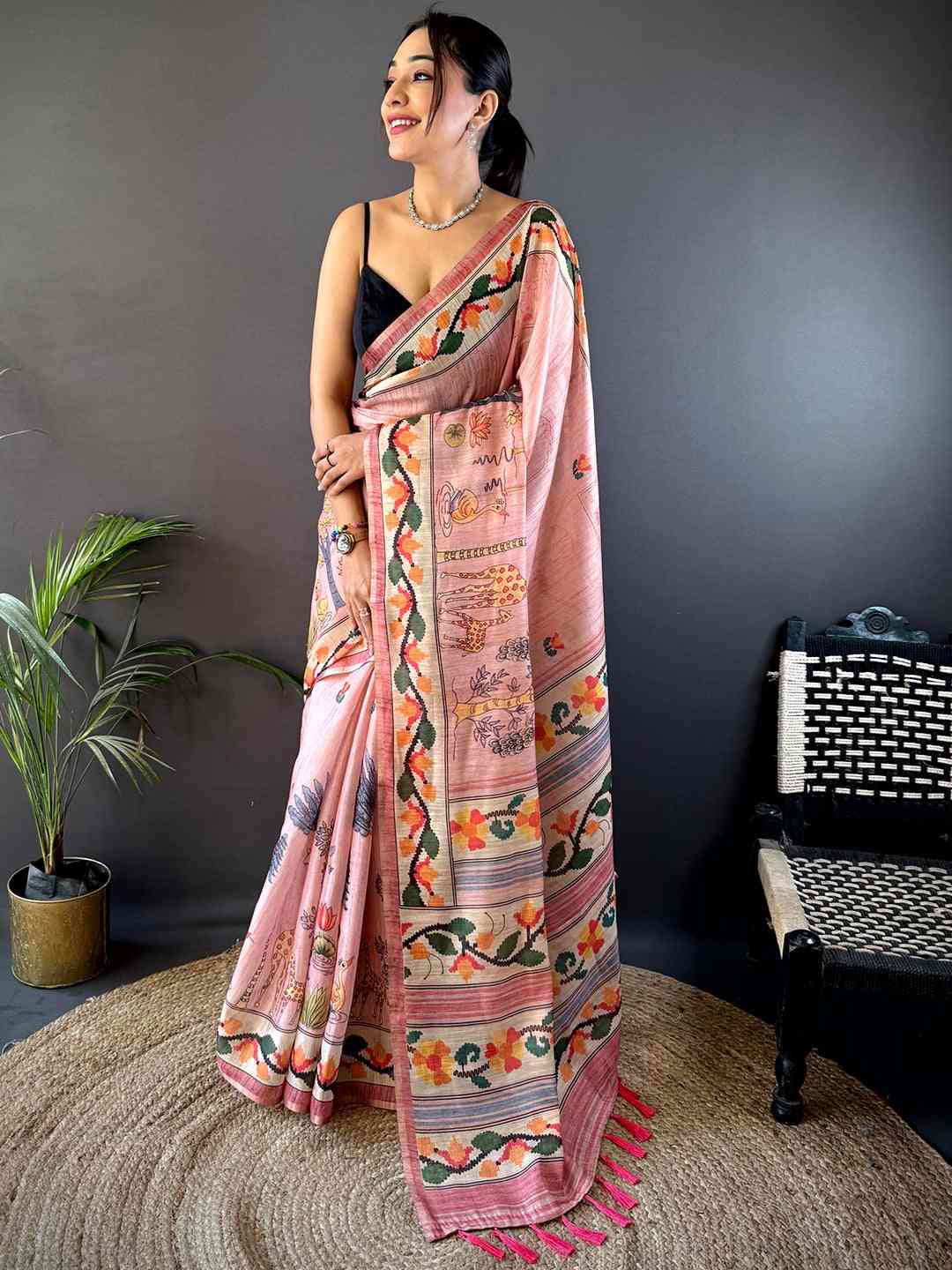 Crepe Pink Jungle Floral Zari Tissue Saree by My Store
