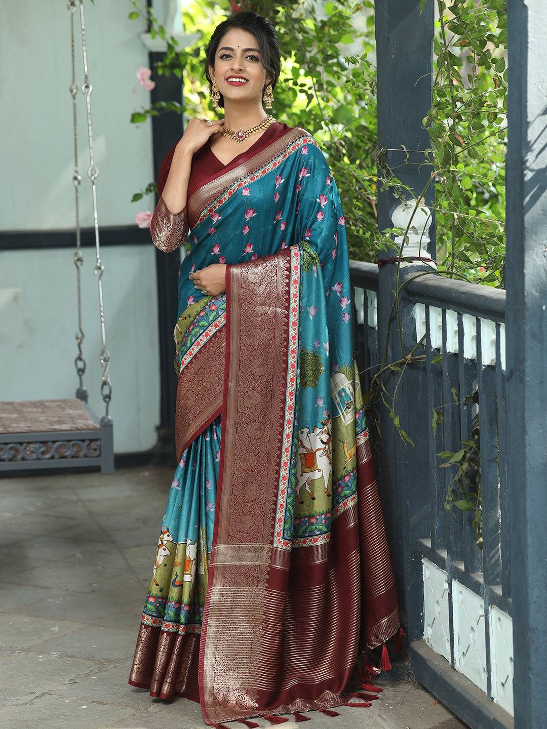 Pichwai Print Zari Weaving Pallu Saree In Blue Colour - Luxe by My Store