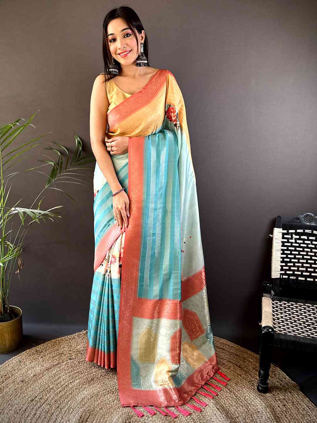 Pastel Yellow Soft Crepe Silk Digital Ombre Saree by My Store