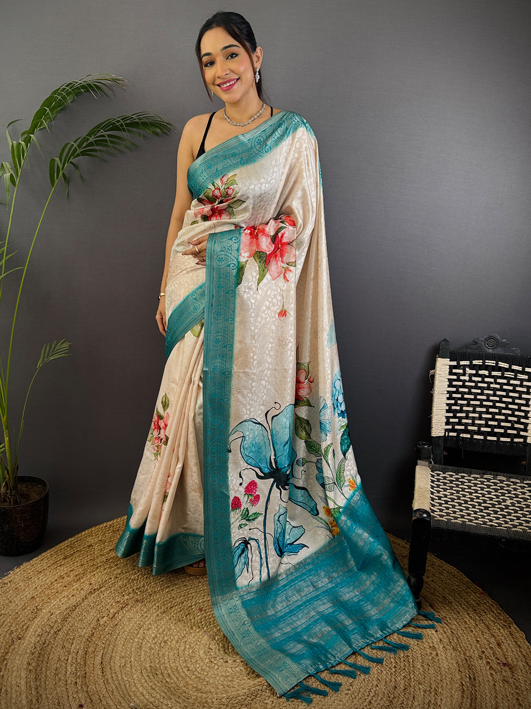 Light Cream Digital Print Soft Dola Silk Saree by My Store