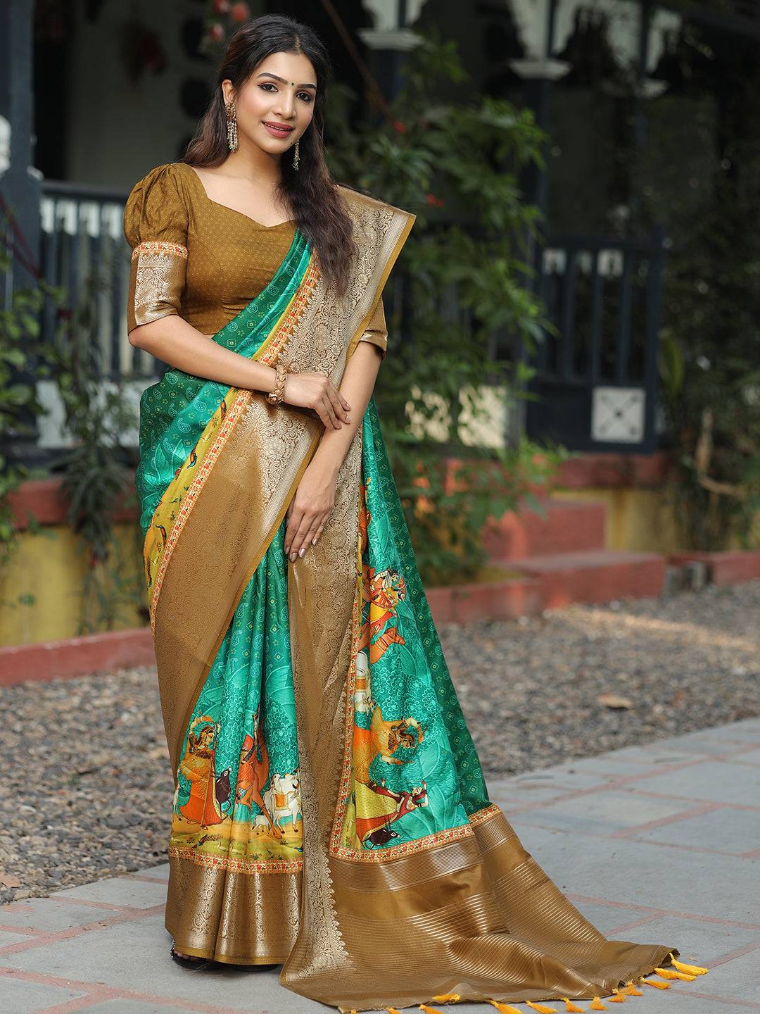 Viscose Dola Silk Turquoise Colour Saree with Floral and Mughal Print - Luxe