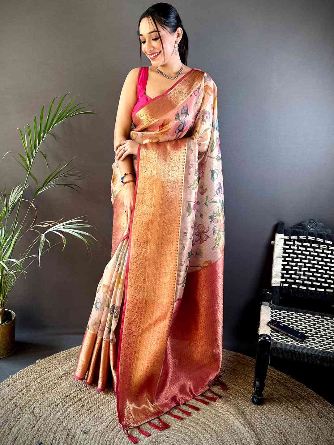 Tan Beige Floral Gold Zari Tissue Saree by My Store