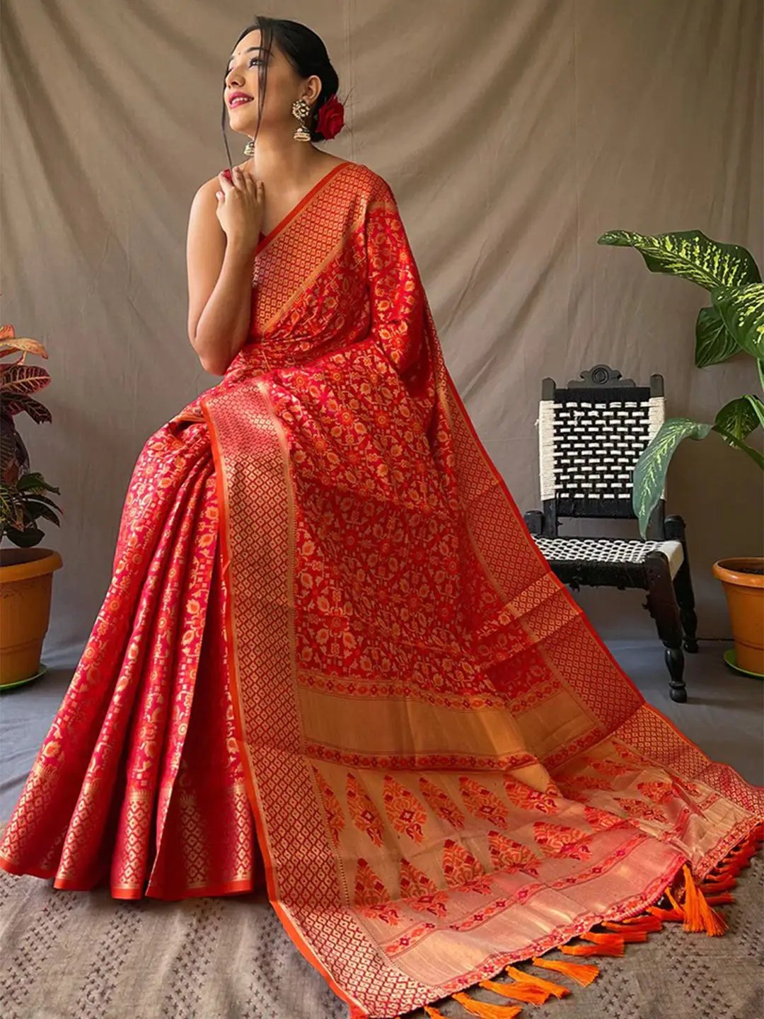 Red Rajkoti Patola Silk Zari Woven Saree by My Store