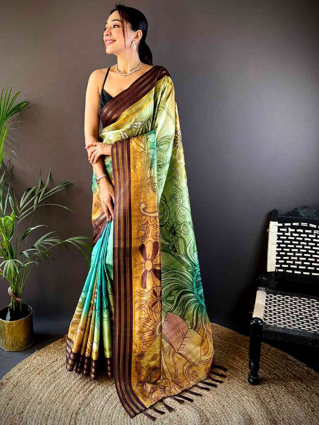 Light Green Soft Silk Abstract Geometric Saree by My Store