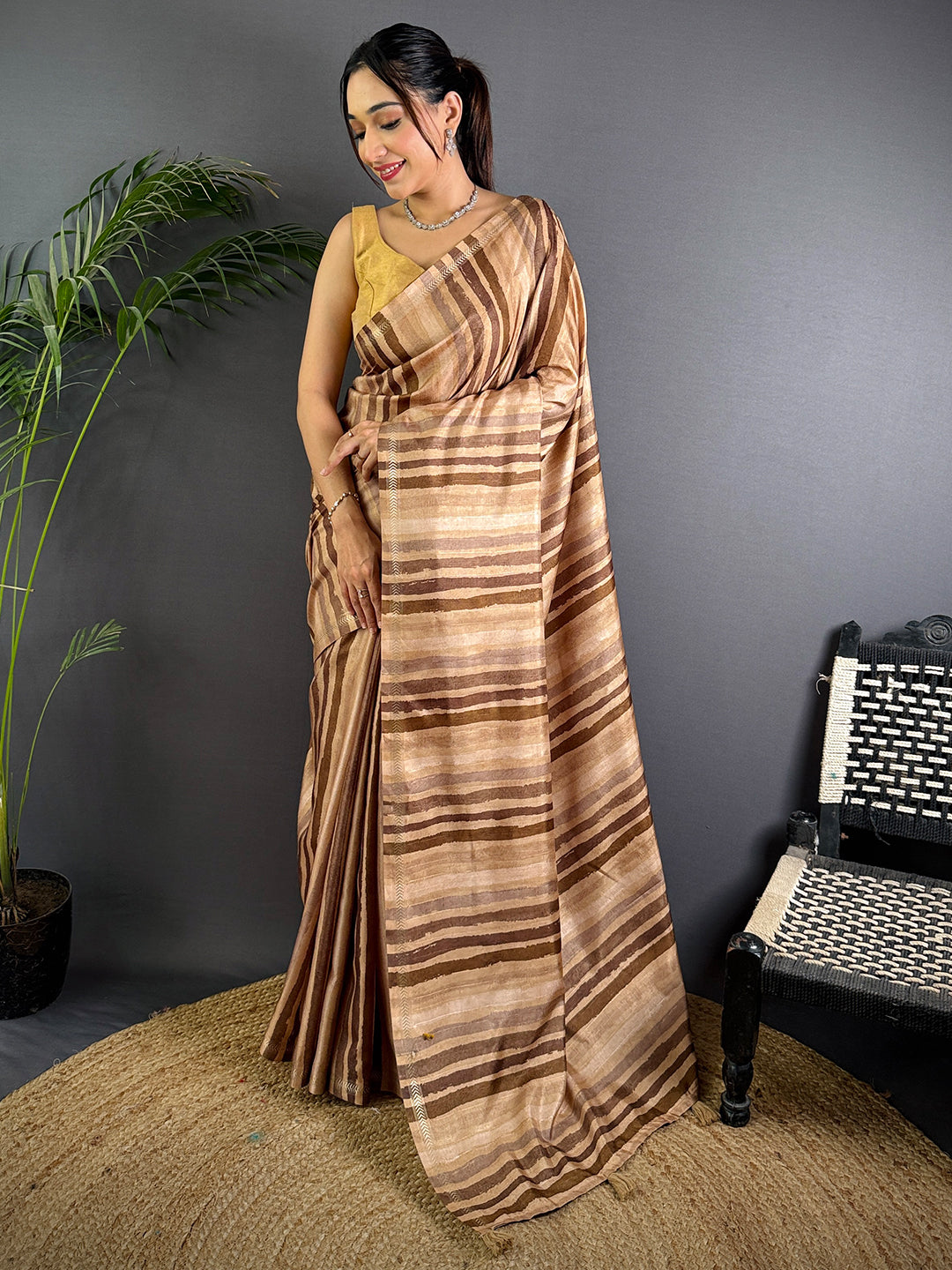 Brown Tussar Ghicha Stripe Saree by My Store