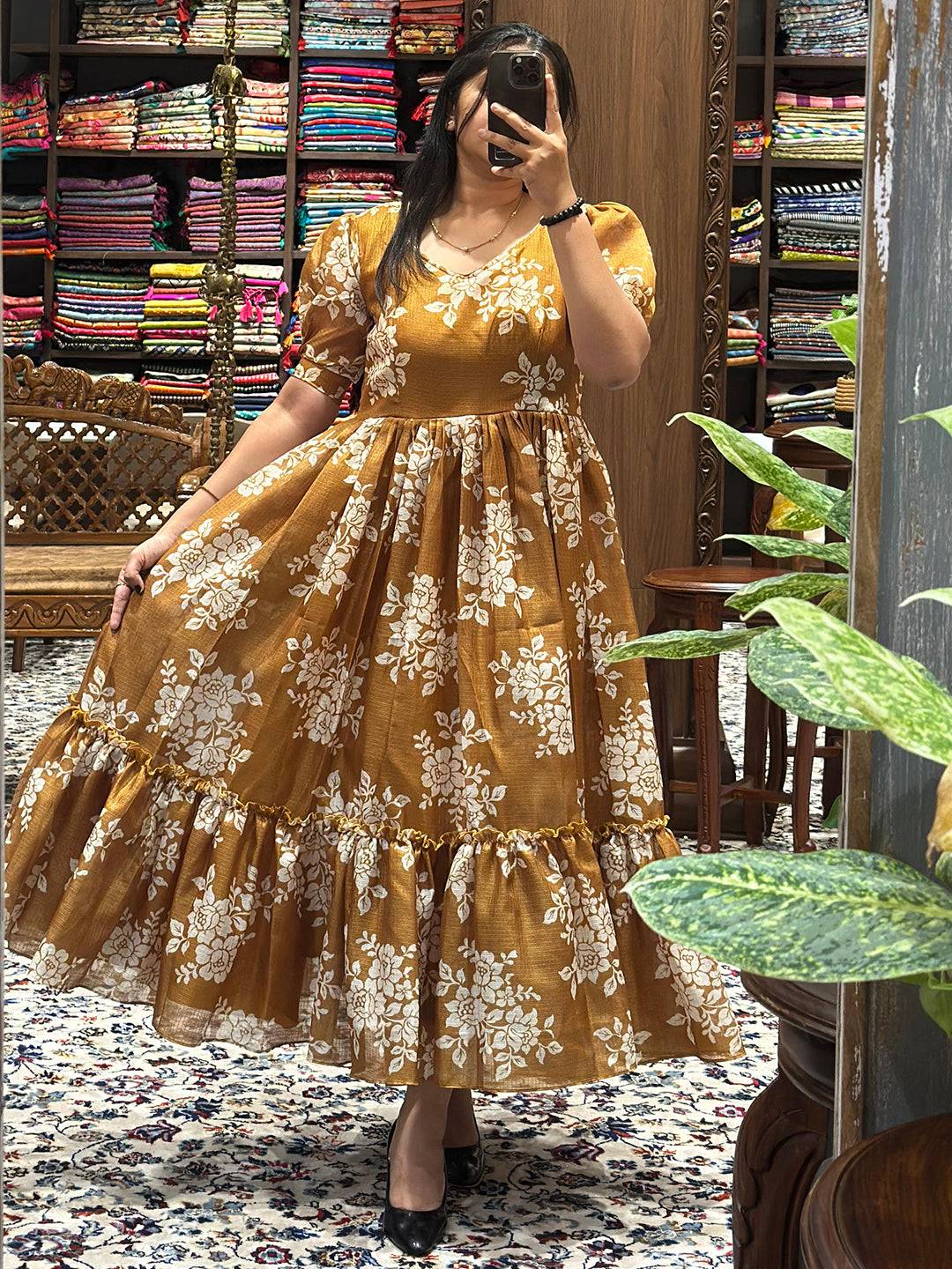 Honey Yellow Floral Midi Dress