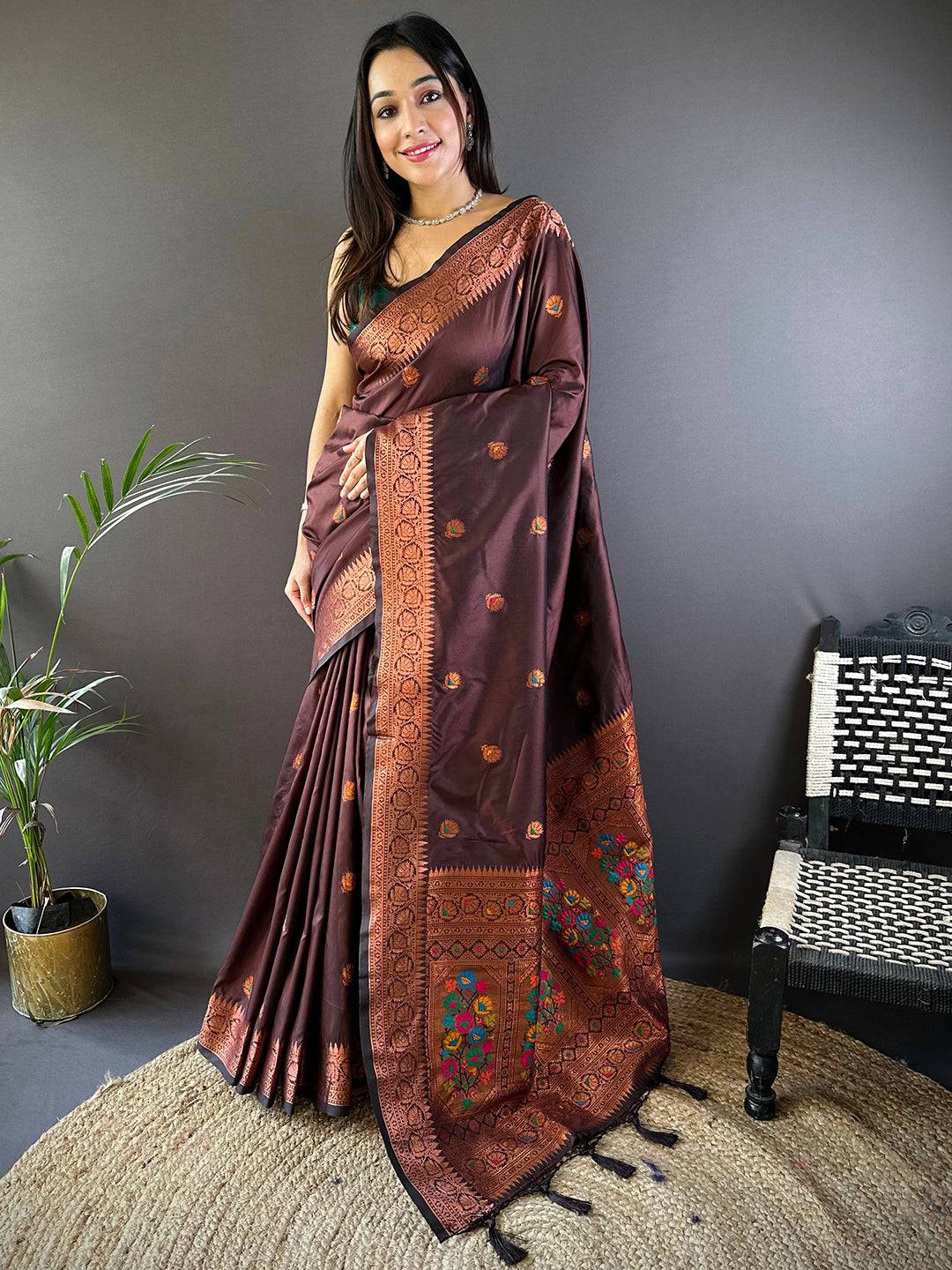 Brown Soft Silk Coppar Zari Weaving Saree by My Store