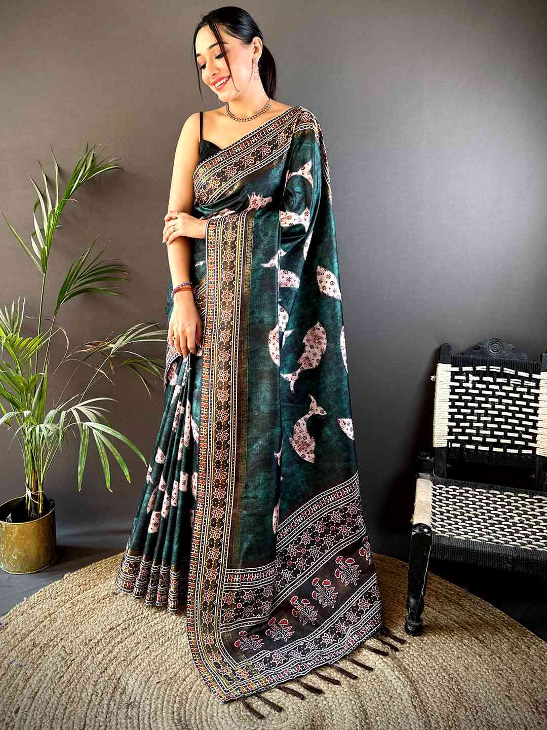 Dark Green Soft Silk Fish Kalamkari Saree by My Store