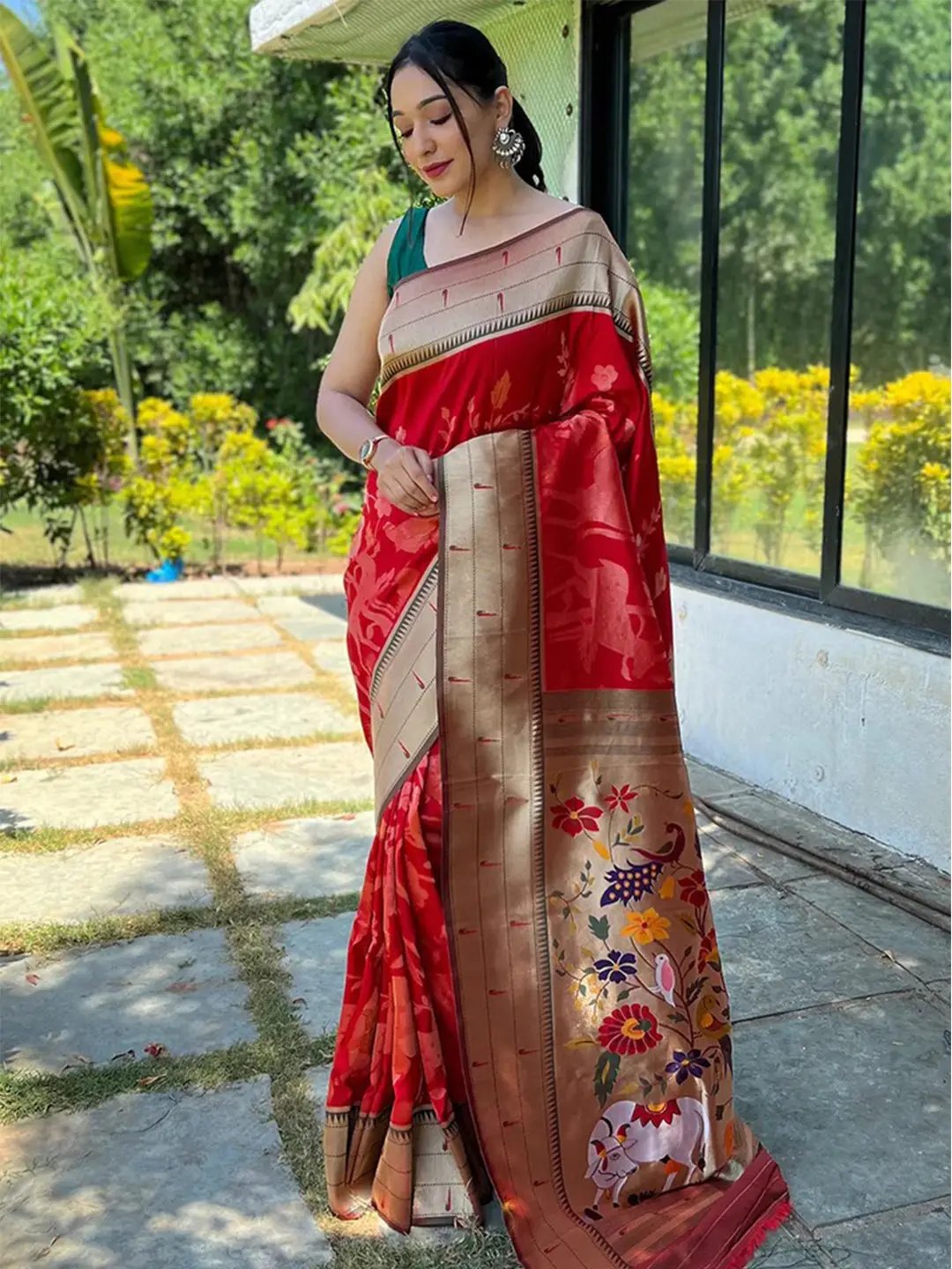 Red Colour Paithani Silk Pichwai Woven Saree by My Store