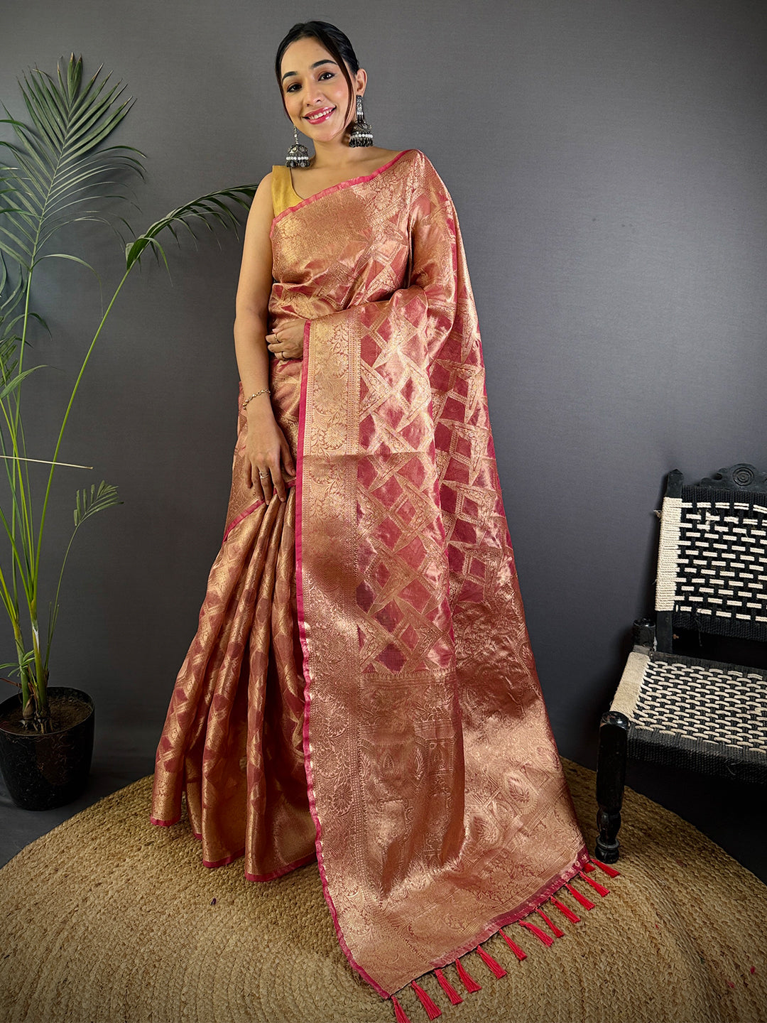 Pink Tissue Jarokha Zari Weaving Saree by My Store