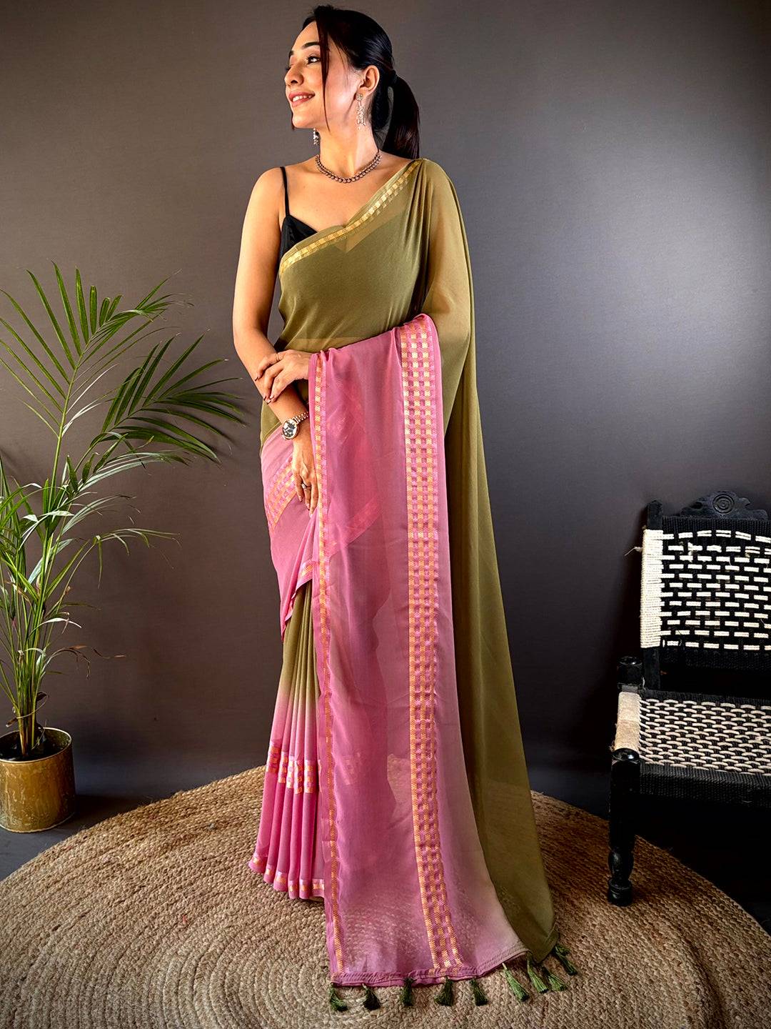 Olive Soft Georgette Concept Colour Saree by My Store