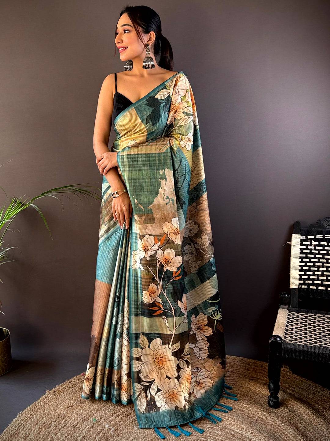 Teal Blue Semi-Gold Zari Abstract Tussar Saree by My Store