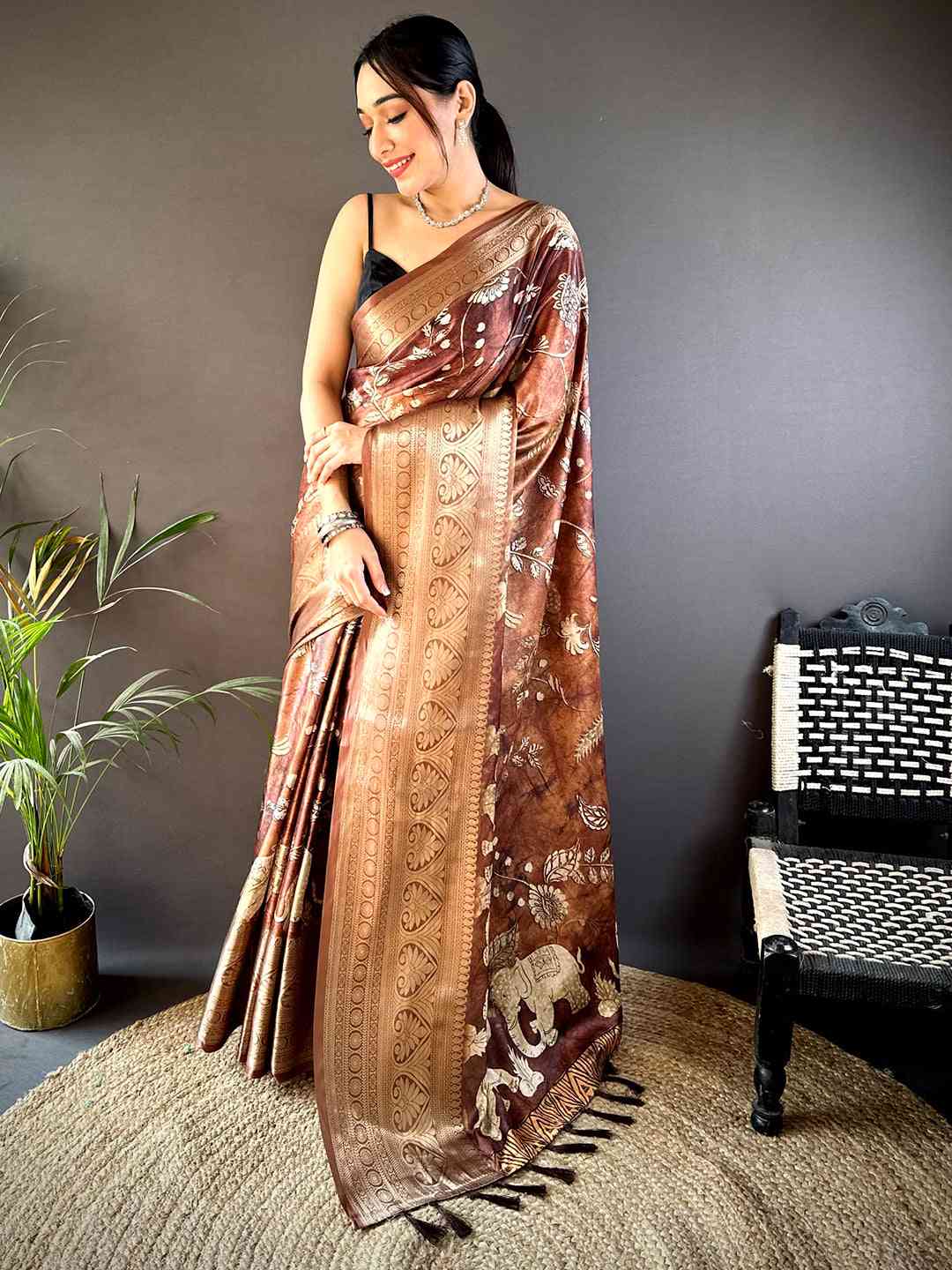 Brown Soft Silk Animal Bandhej Saree by My Store
