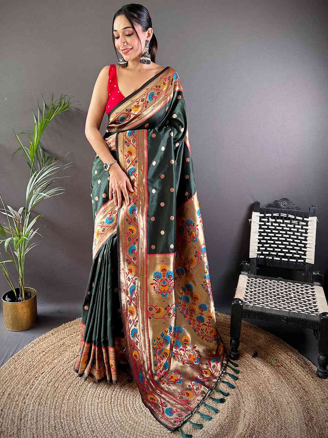 Dark Green Colour Yevla Paithani Soft Silk Saree by My Store