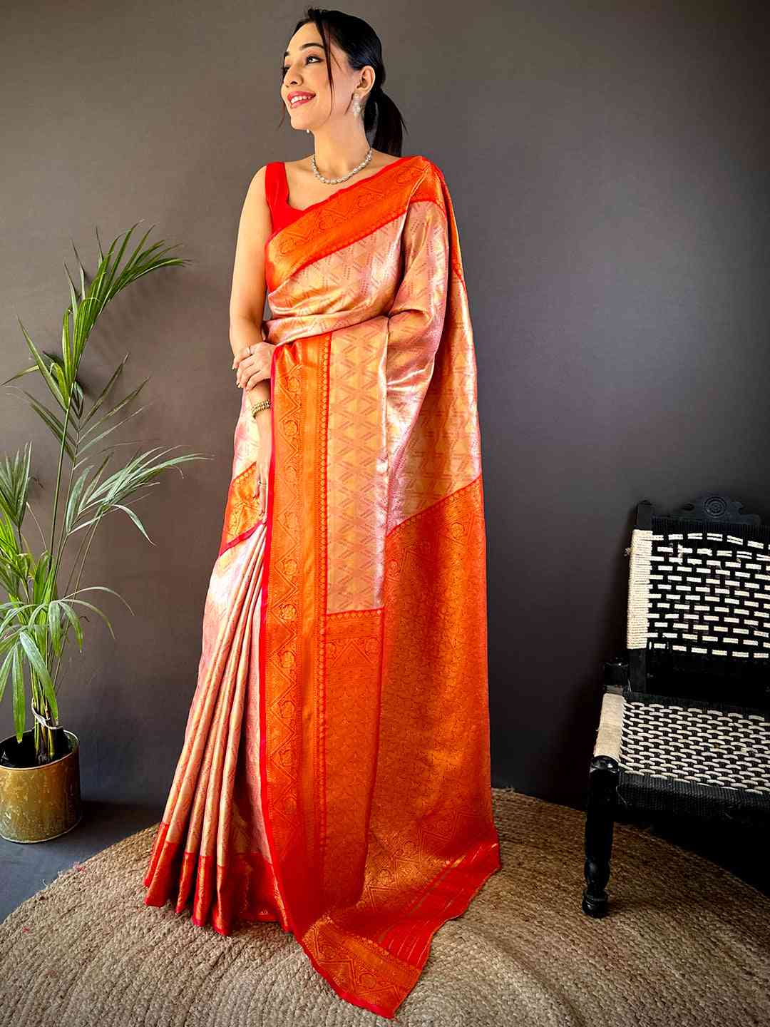 Red Golden Geometrics With Floral Elegance Saree by My Store