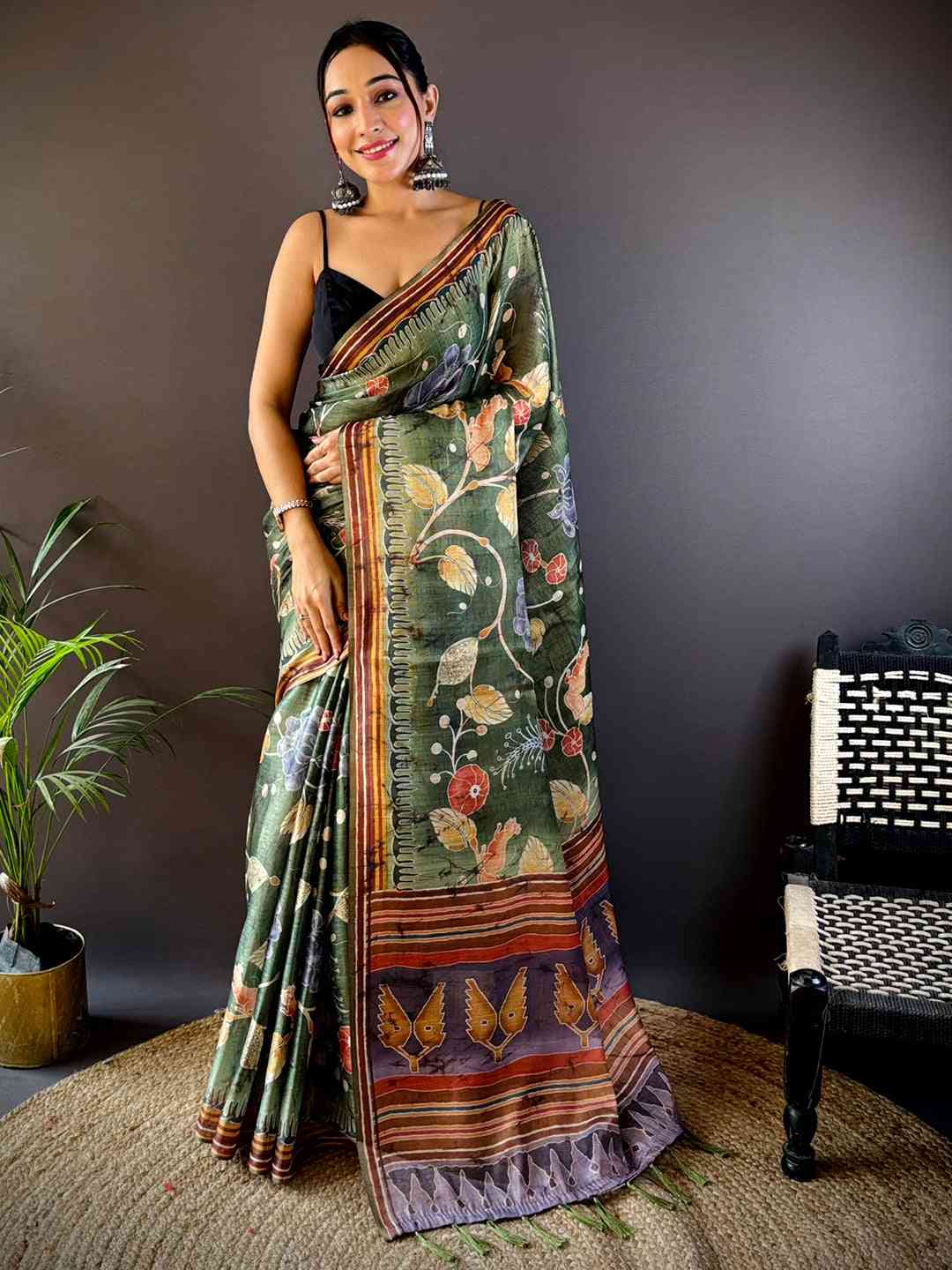 Dark Green Tissue Chanderi Kalamkari Saree by My Store