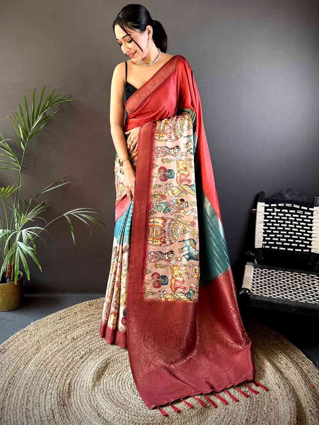 Red Soft Silk Placement Digital Print Saree by My Store