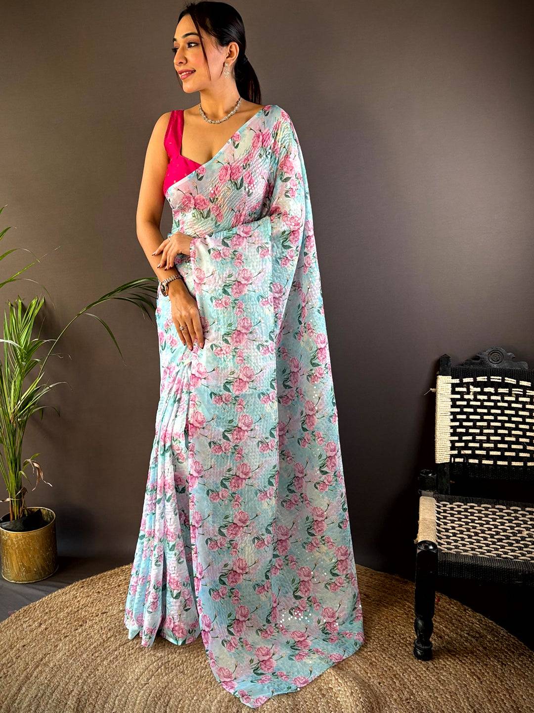 Sky Blue Soft Tebi Silk Sequin Work Saree by My Store