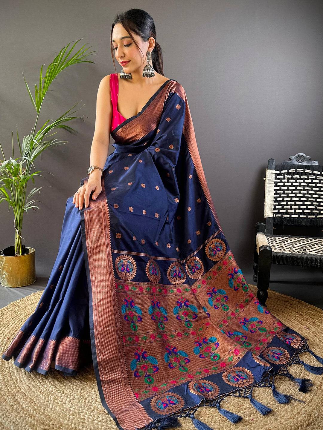Navy Blue Copper Elegance Soft Silk Saree by My Store