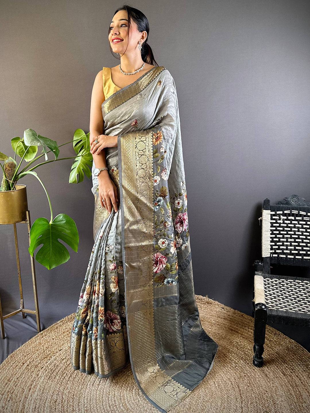 Grey Floral Zari Chex Saree by My Store