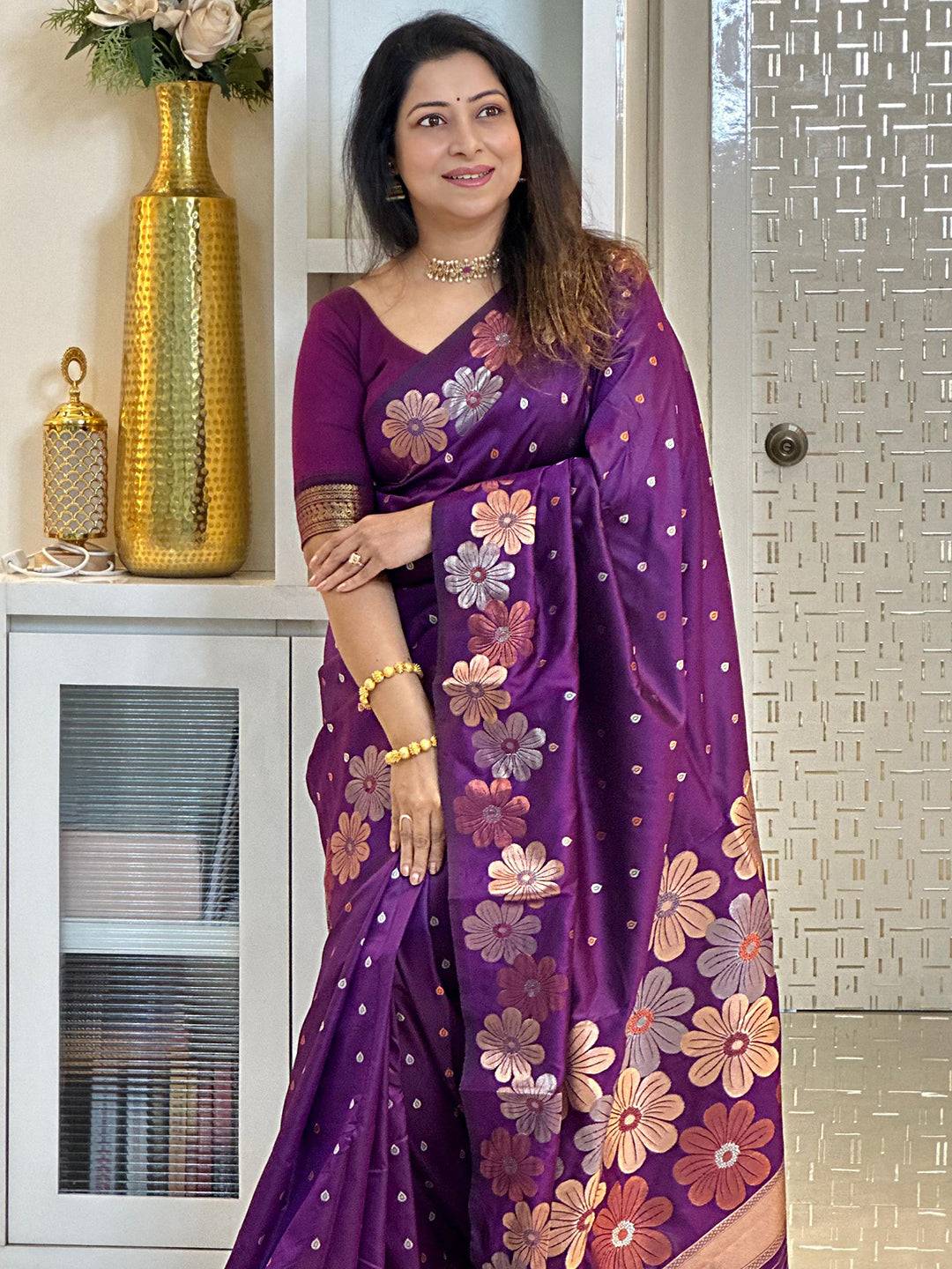 Wine Soft Silk Zari Woven Saree