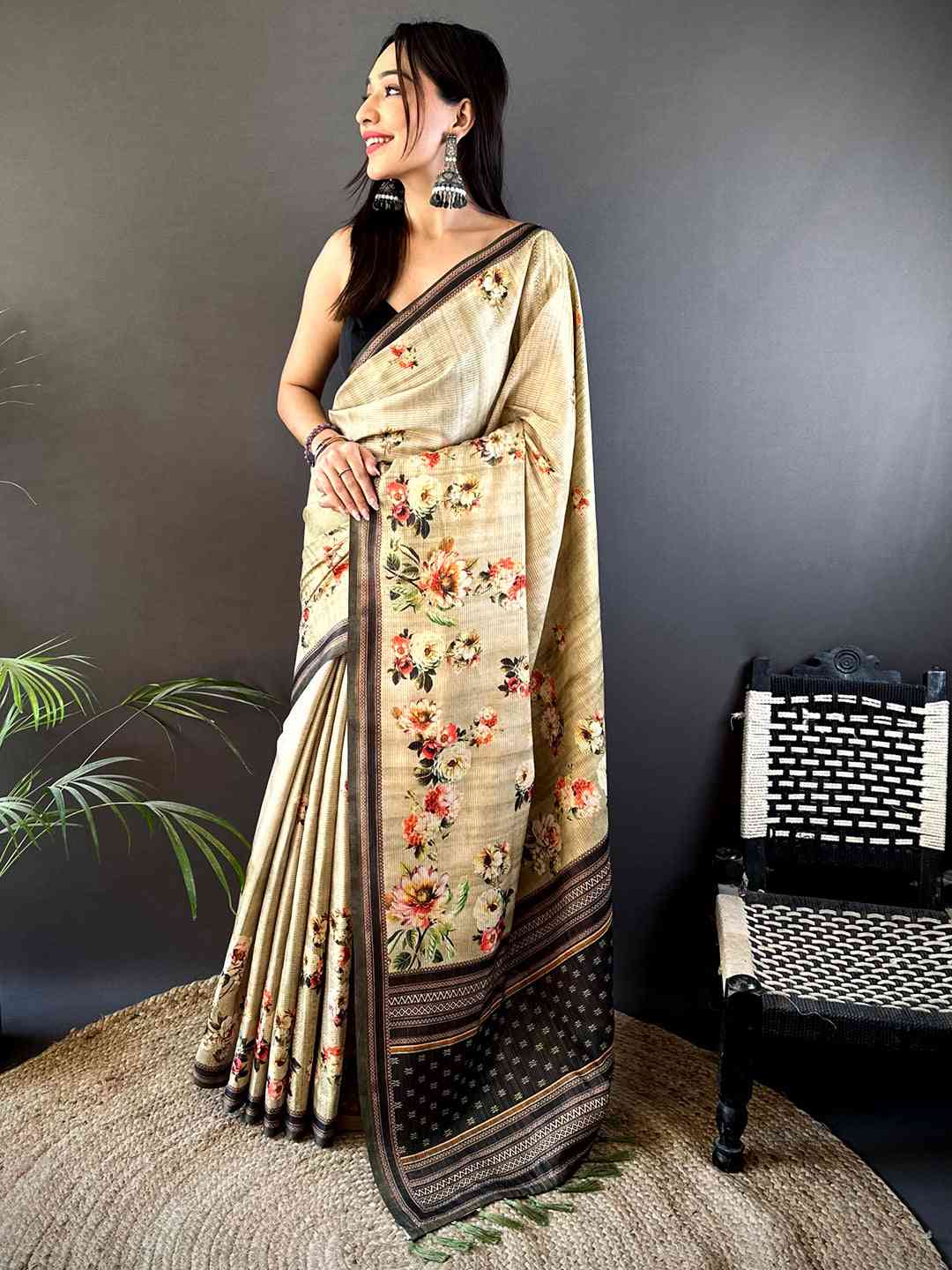 Floral Beauty in Beige Tussar Zari Saree by My Store