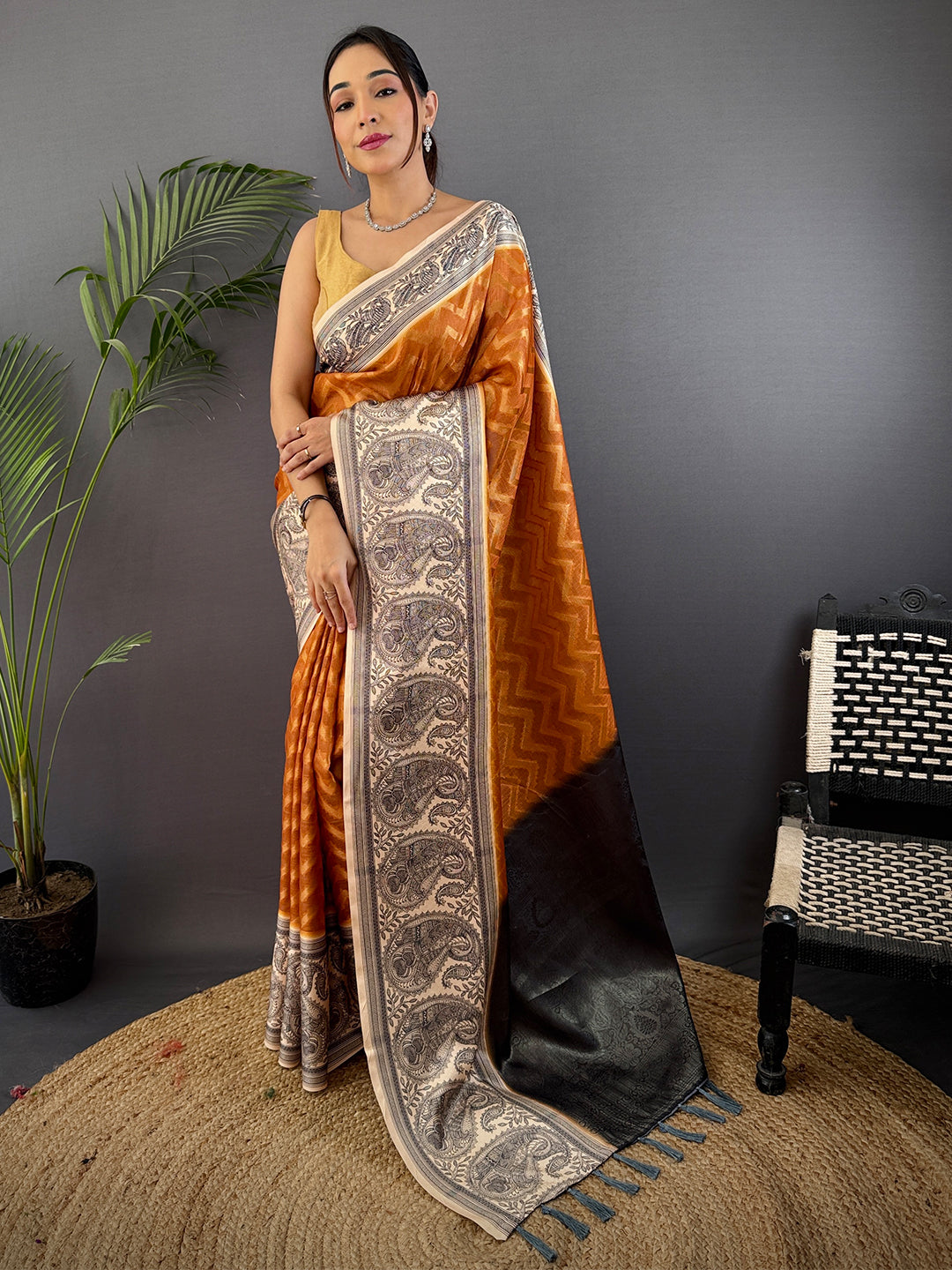 Rust Orange Madhubani Print Soft Silk Saree by My Store
