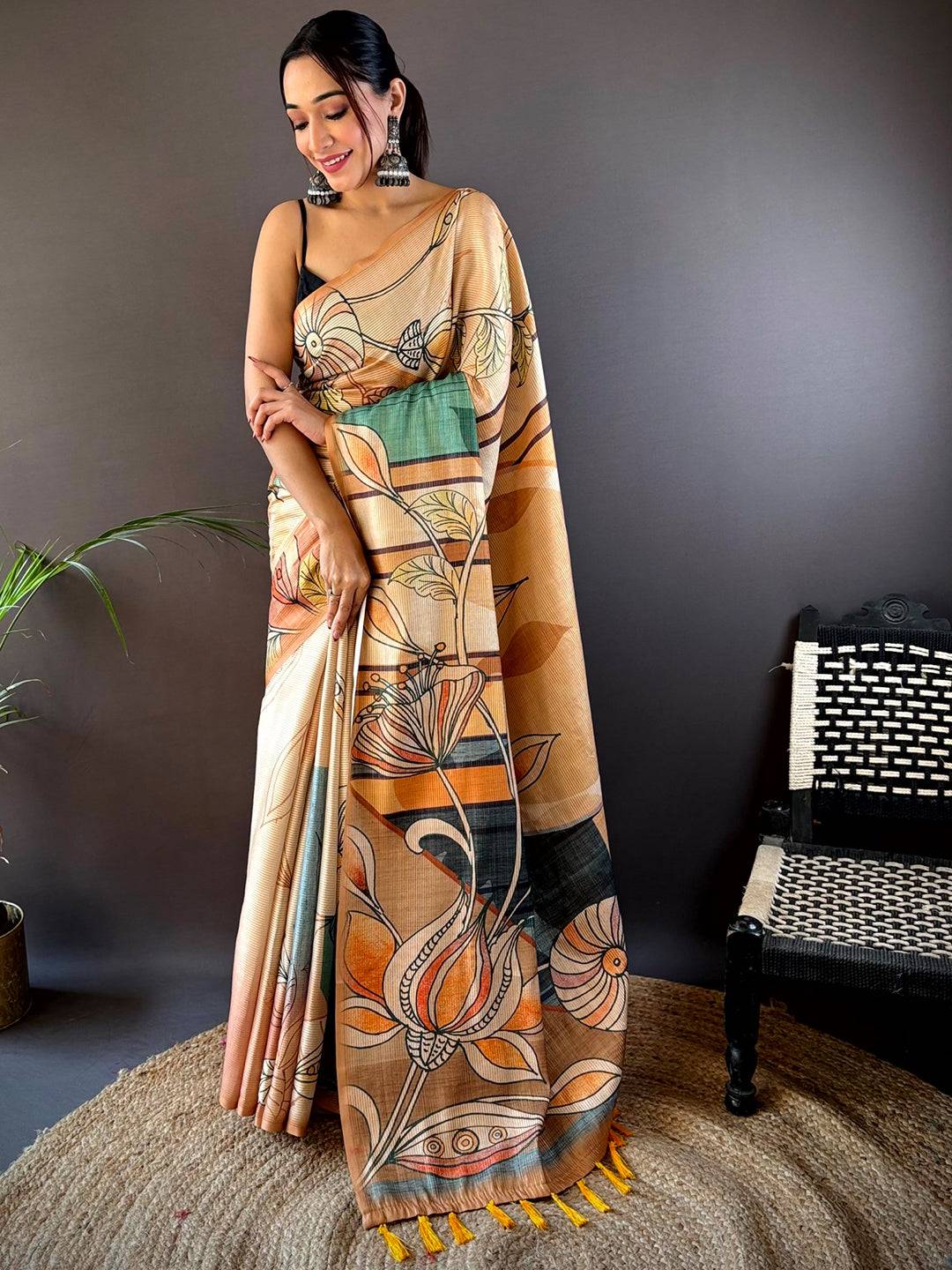 Peach Zari Tussar Printed Saree by My Store