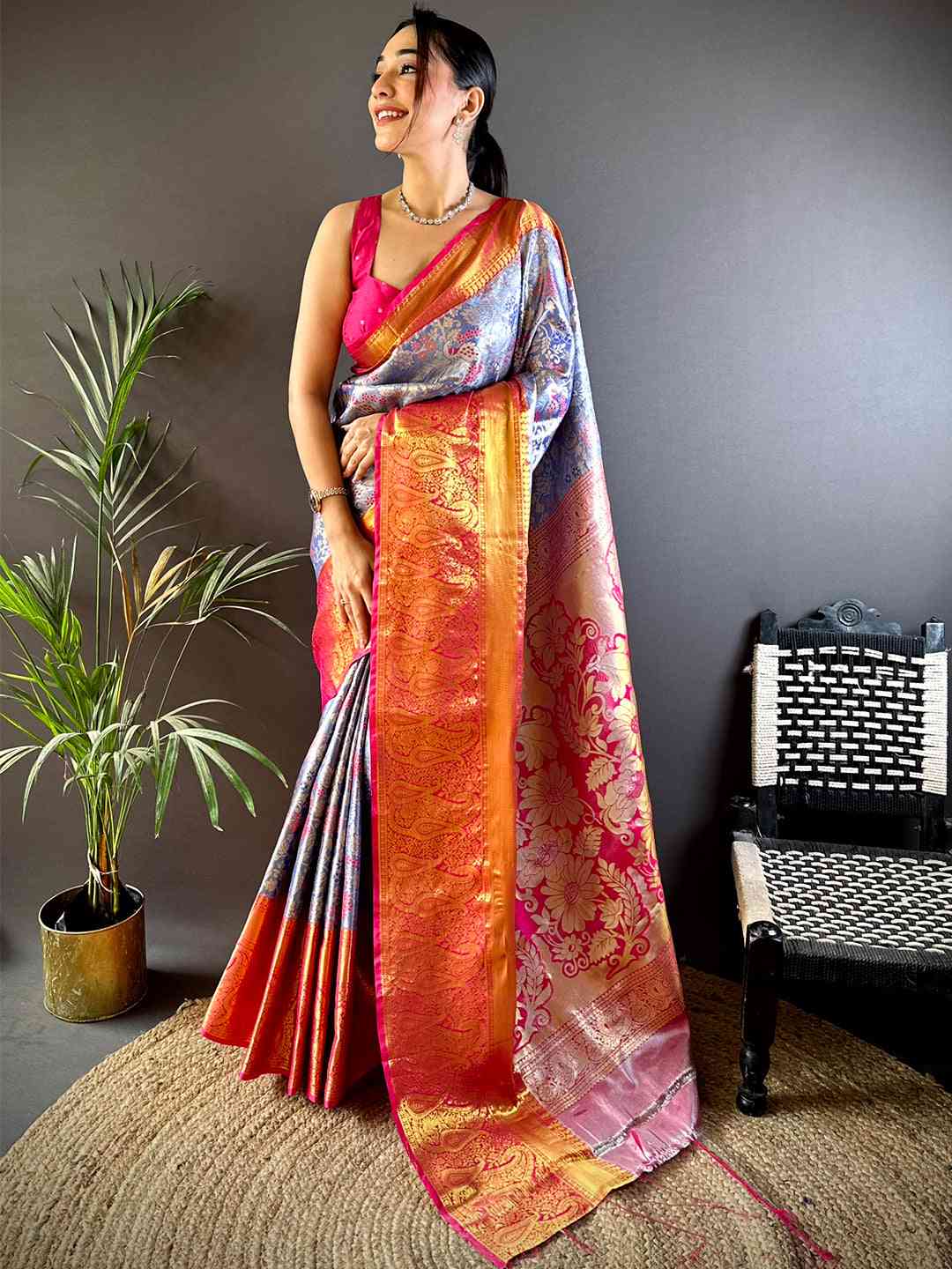 Royal Blue Dharmavaram Silk Floral Saree by My Store