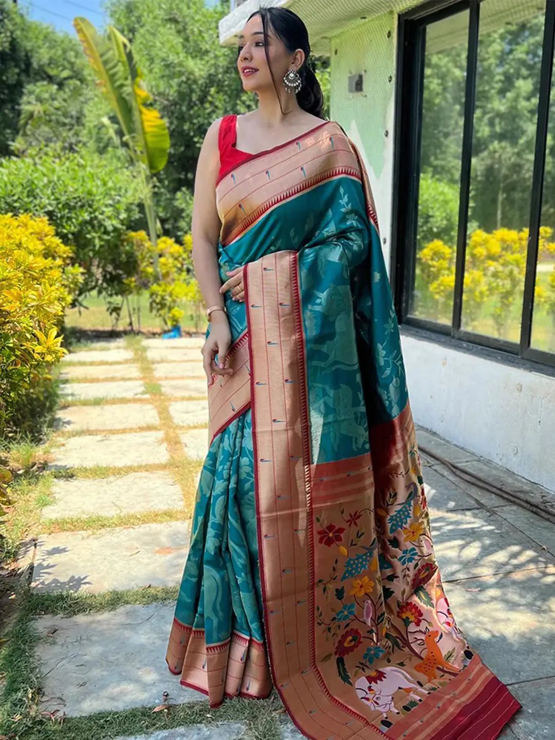 Teal Colour Paithani Silk Pichwai Woven Saree by My Store