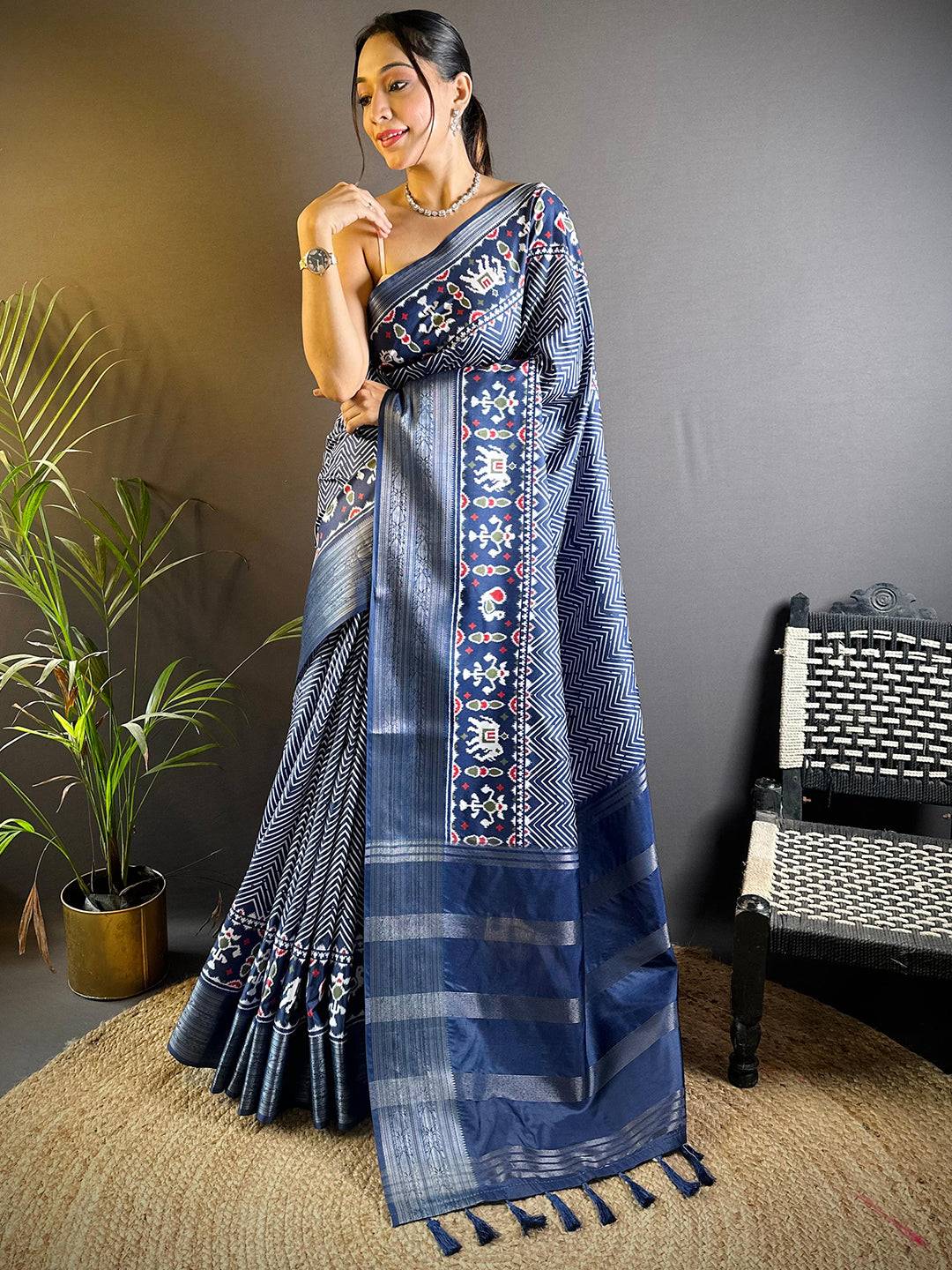 Navy Blue Zig Zag Kalamkari Kanchi Silk Saree by My Store