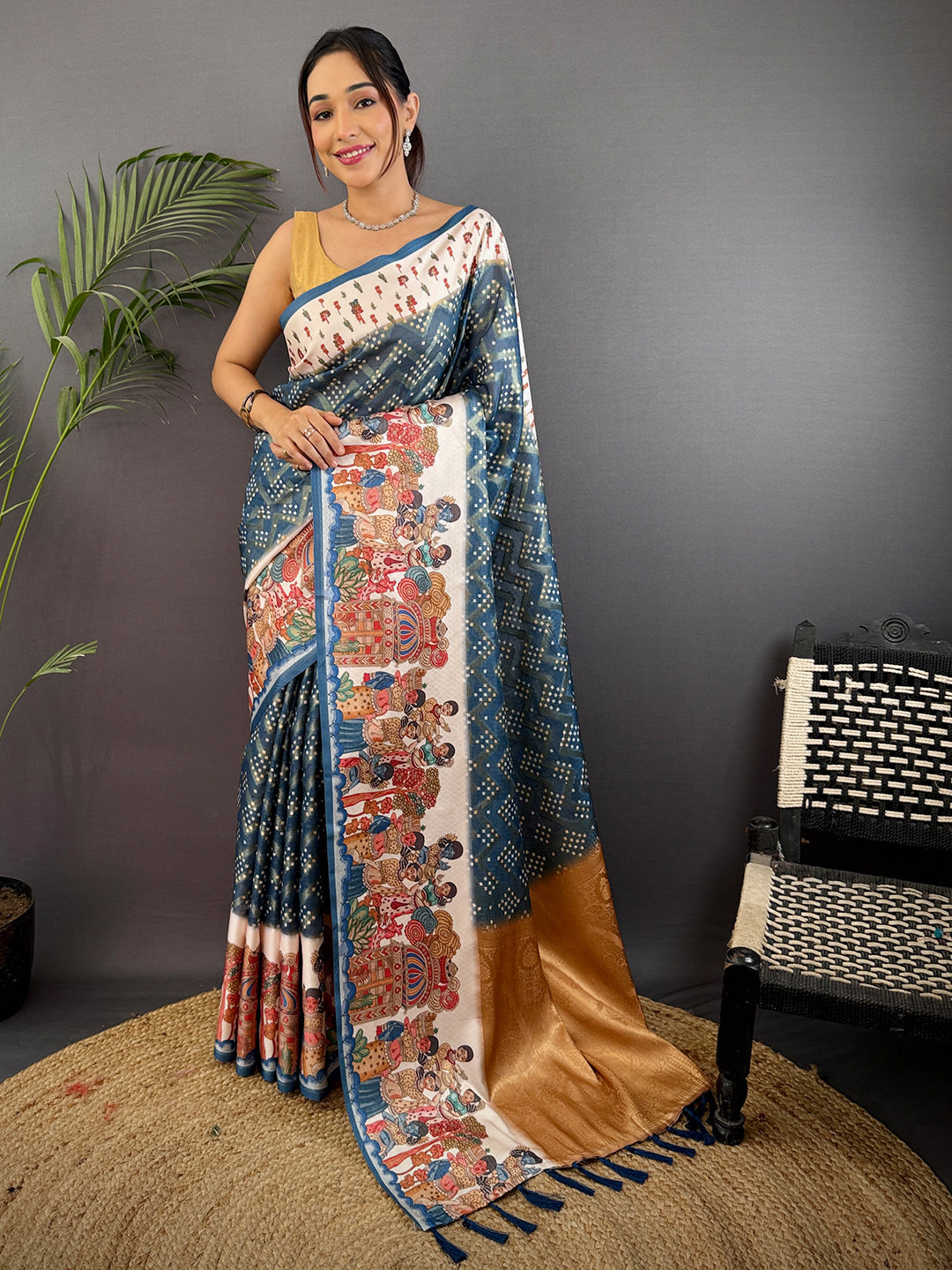 Teal Blue Madhubani Print Soft Silk Saree by My Store