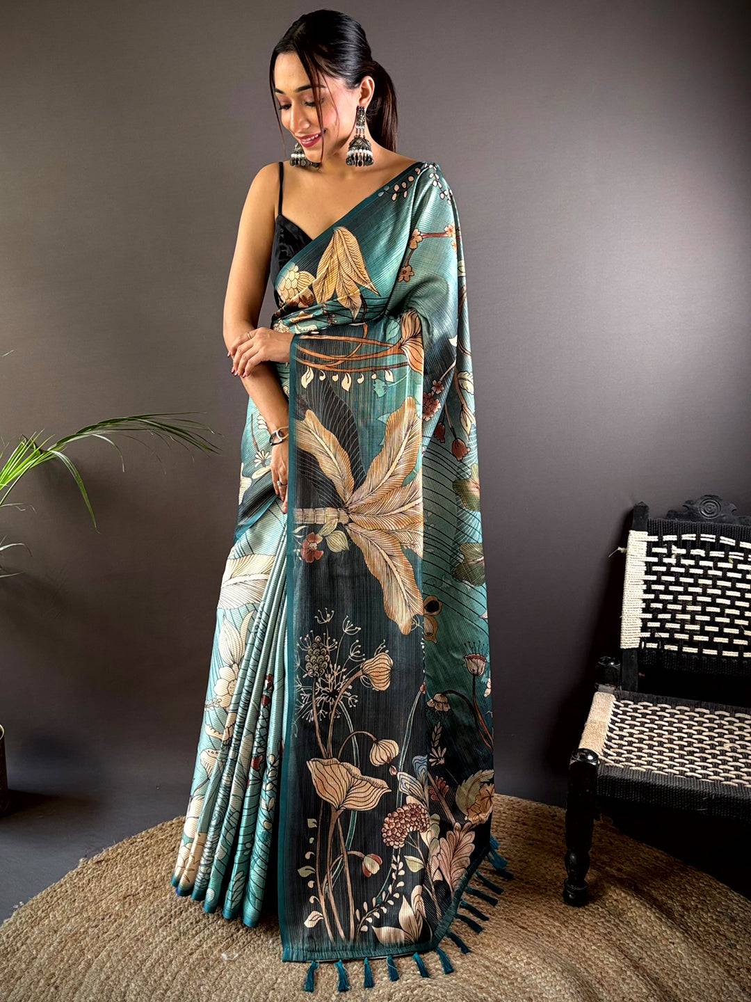 Rama Semi Gold Zari Botanical Tussar Saree by My Store