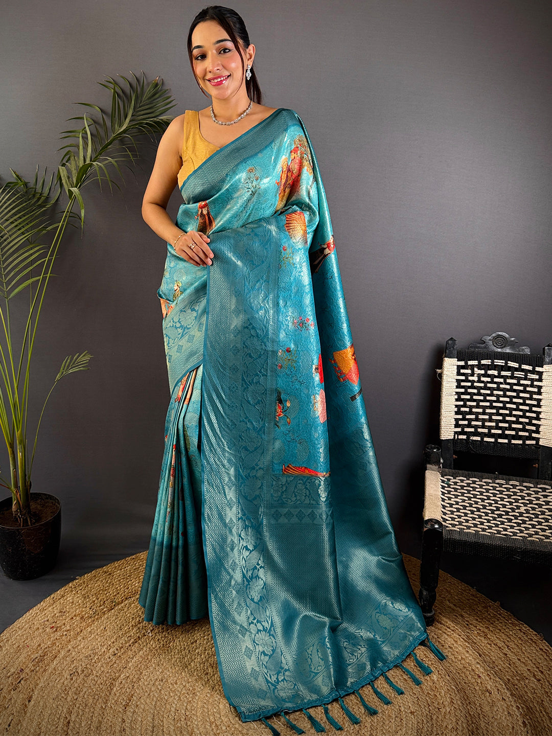 Dark Blue Kanjivaram Silk Digital Print Saree by My Store