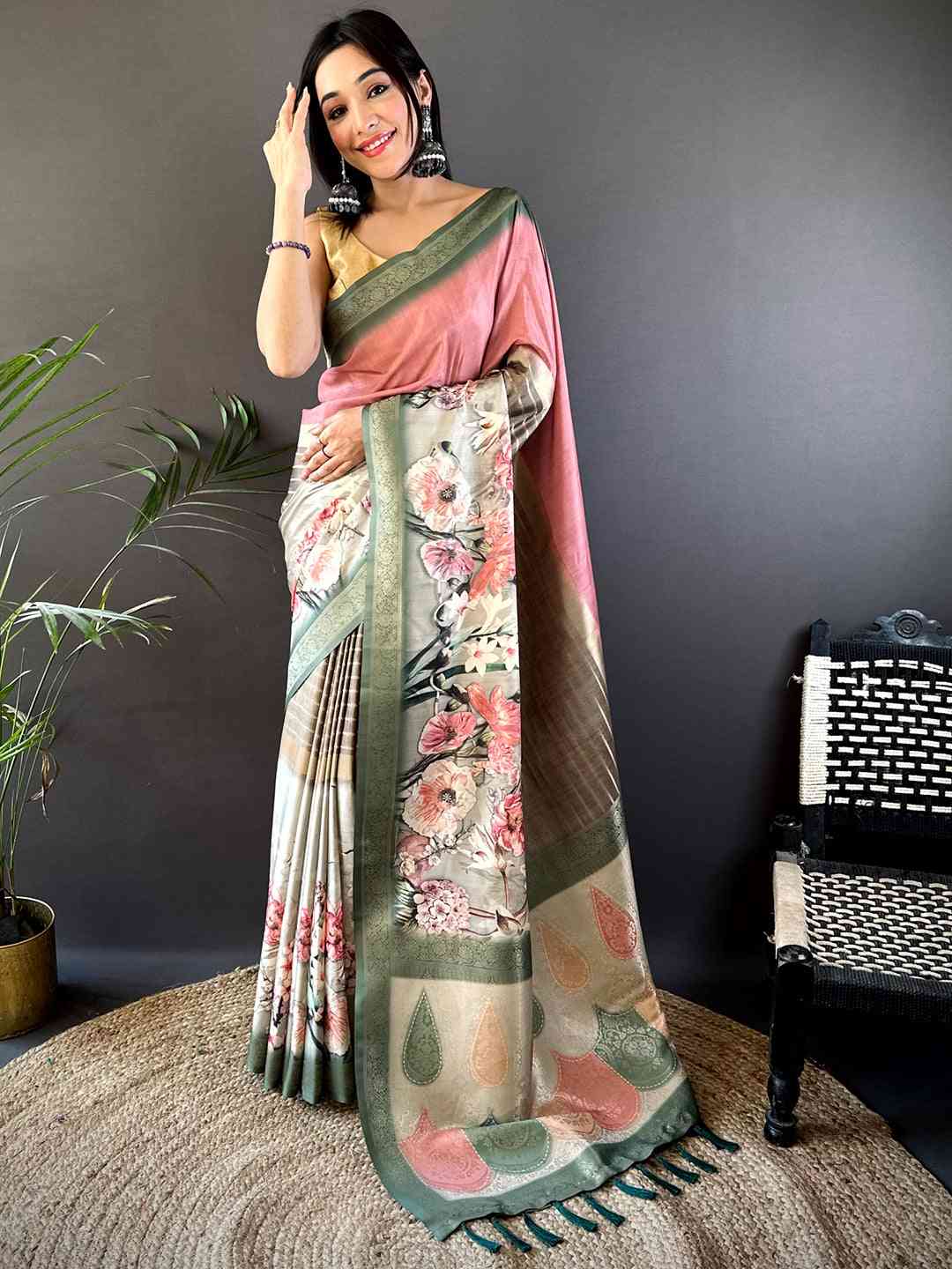 Pink Soft Silk Placement Digital Print Saree by My Store