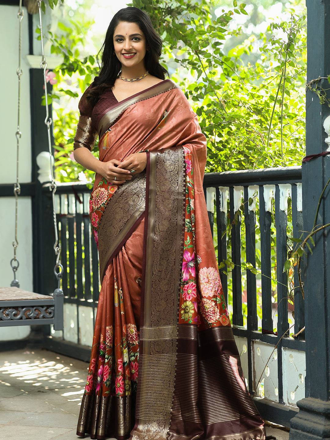 Brown Colour Pure Viscose Dola Silk Saree with Floral Print - Luxe by My Store