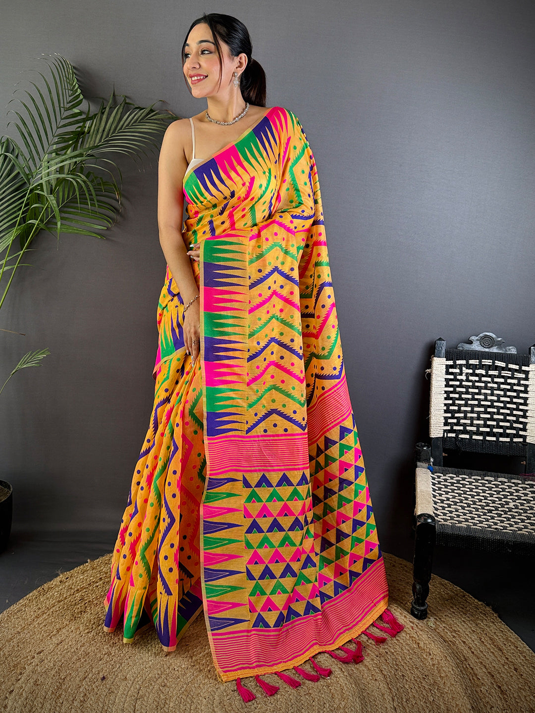 Mustard Yellow Dhakai Cotton Jamdani Saree by My Store