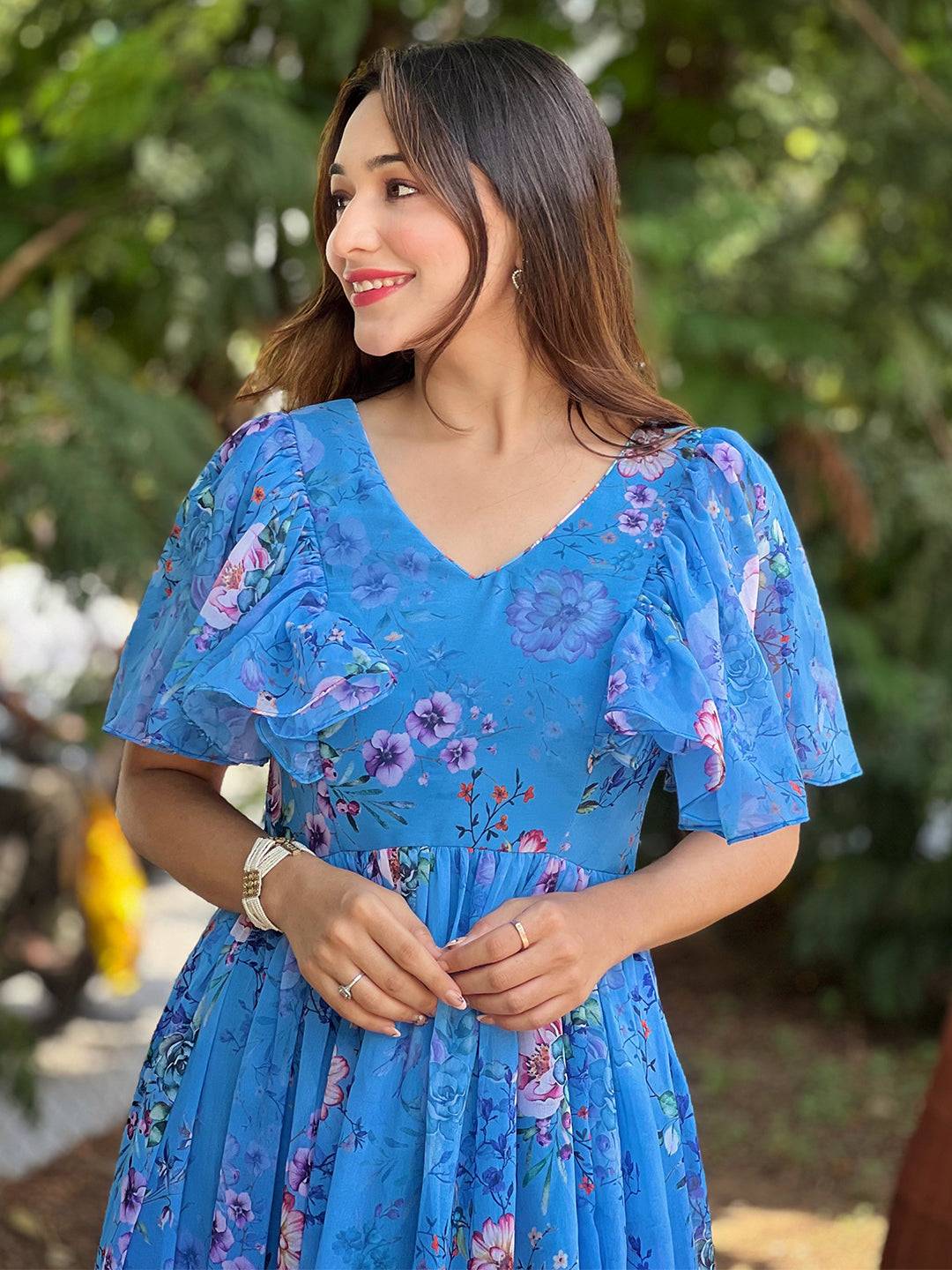 Orchid Blue Printed Flary Dress by My Store