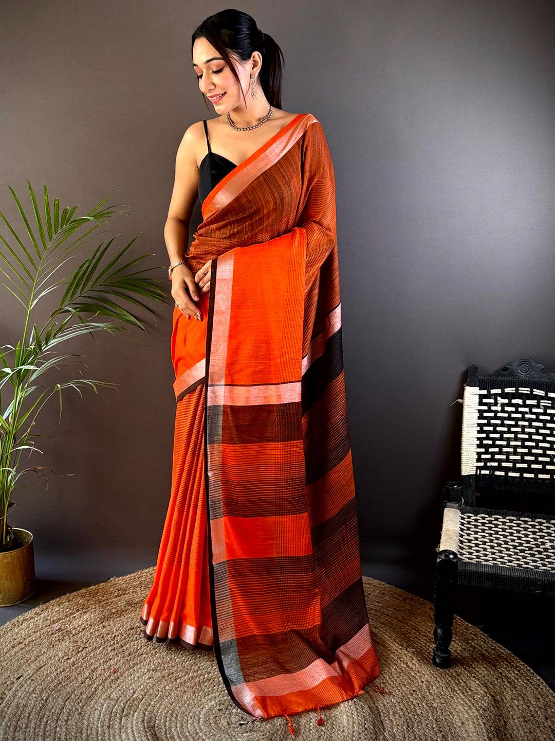 Orange Stylish Linen Saree With Zari Border