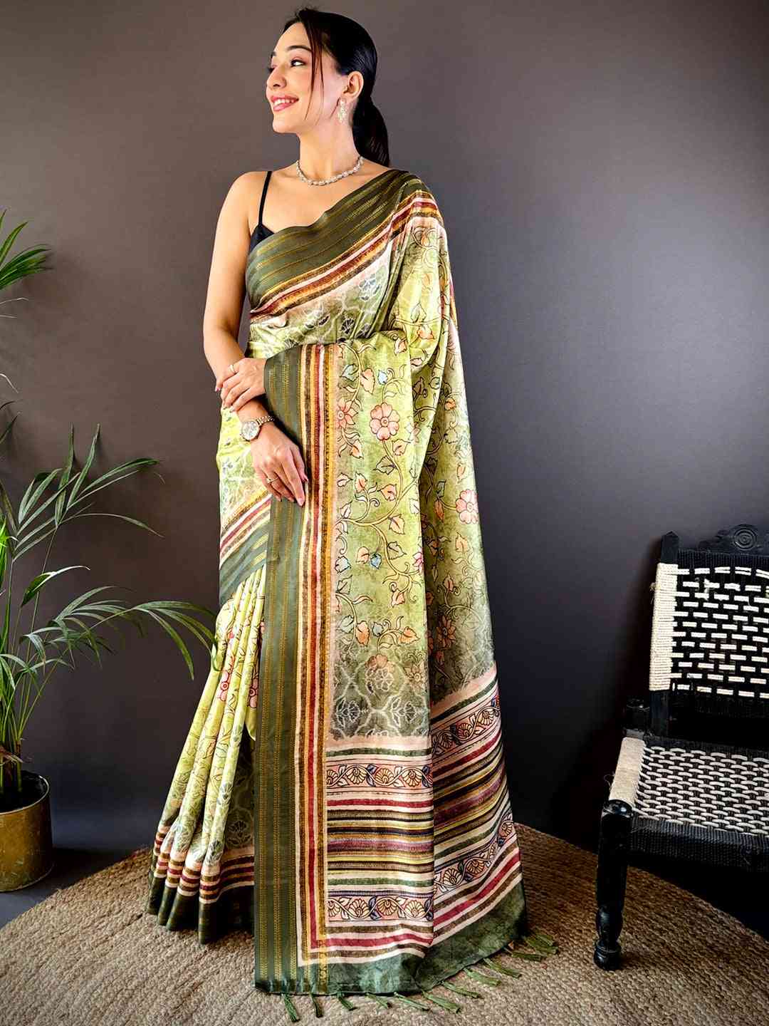 Pista Kalamkari Floral Printed Silk Saree by My Store