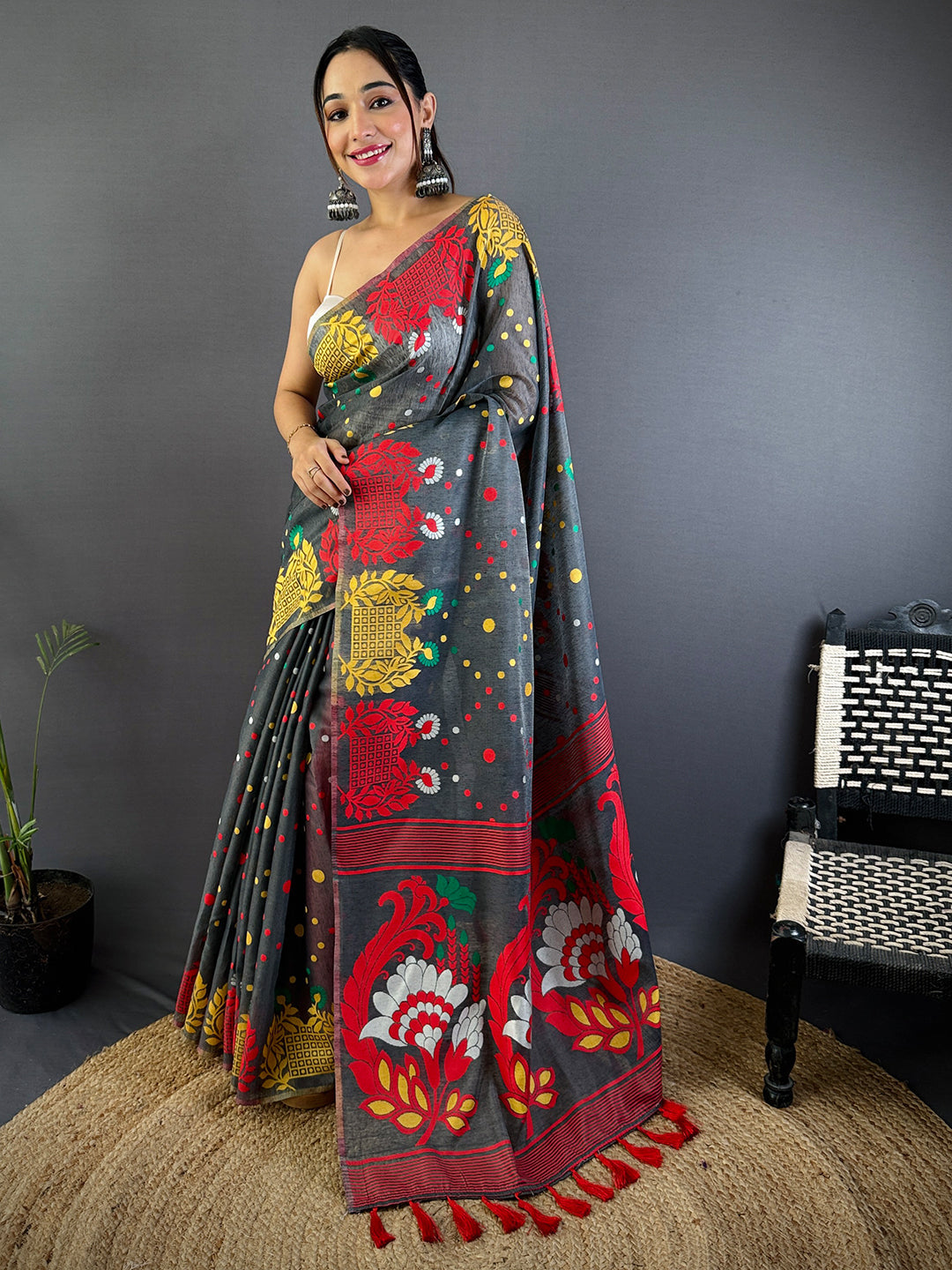 Grey Dhakai Jamdani Cotton Silk Saree by My Store