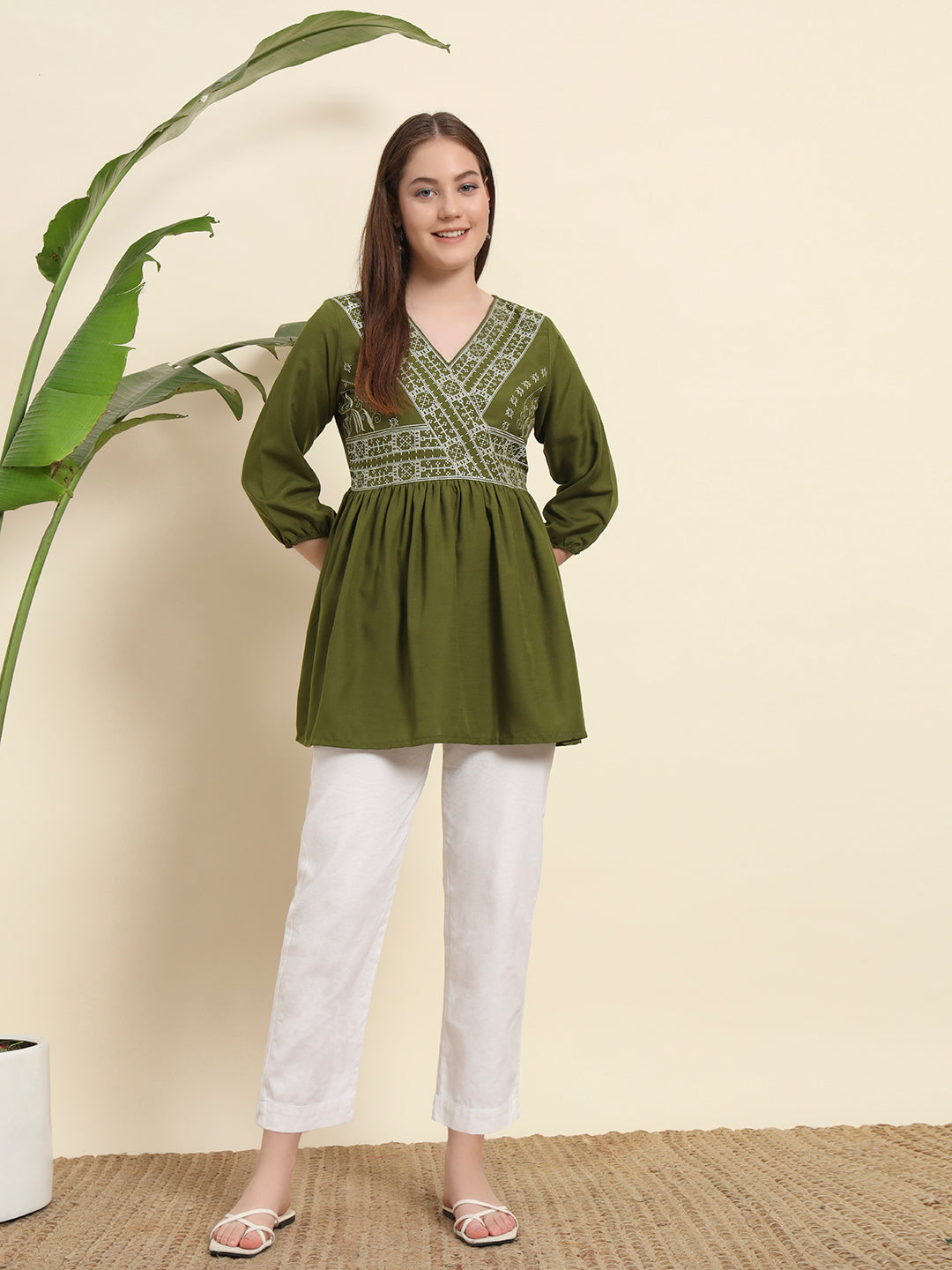 V neack Green Short Kurti For Women