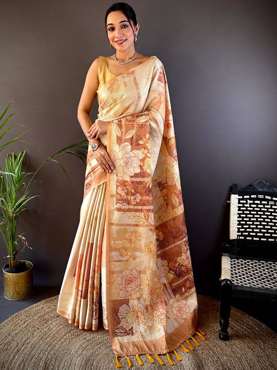Mustard Tussar Floral Saree by My Store