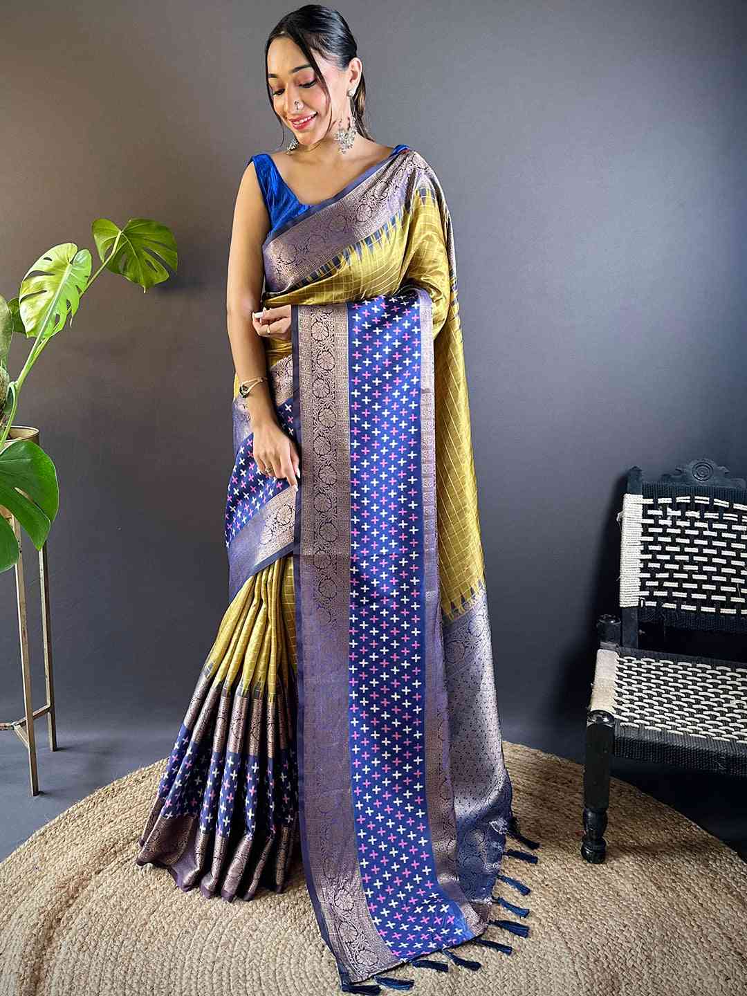 Green Chex Ikkat Saree With Double Border by My Store