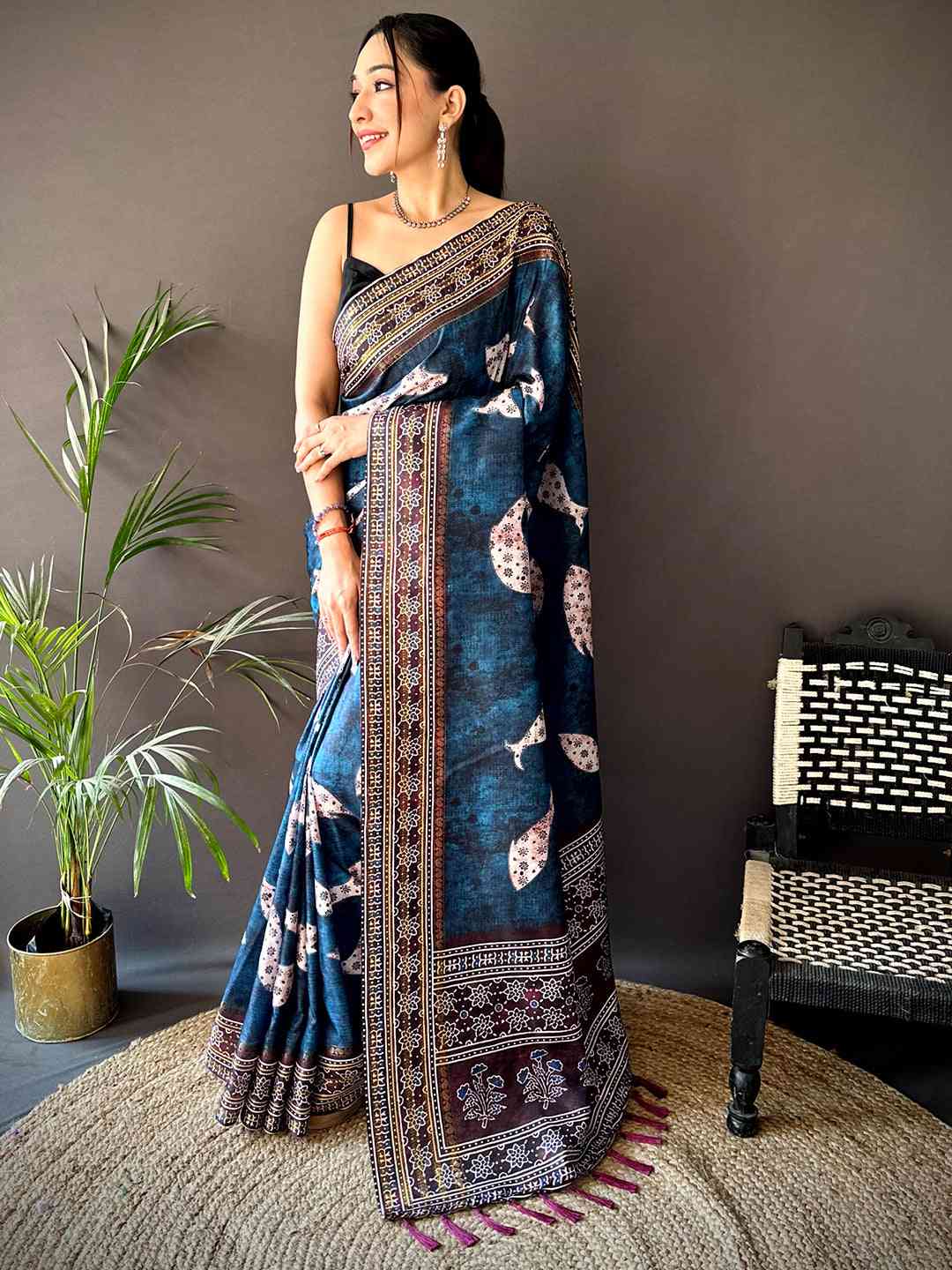 Dark Blue Soft Silk Fish Kalamkari Saree by My Store