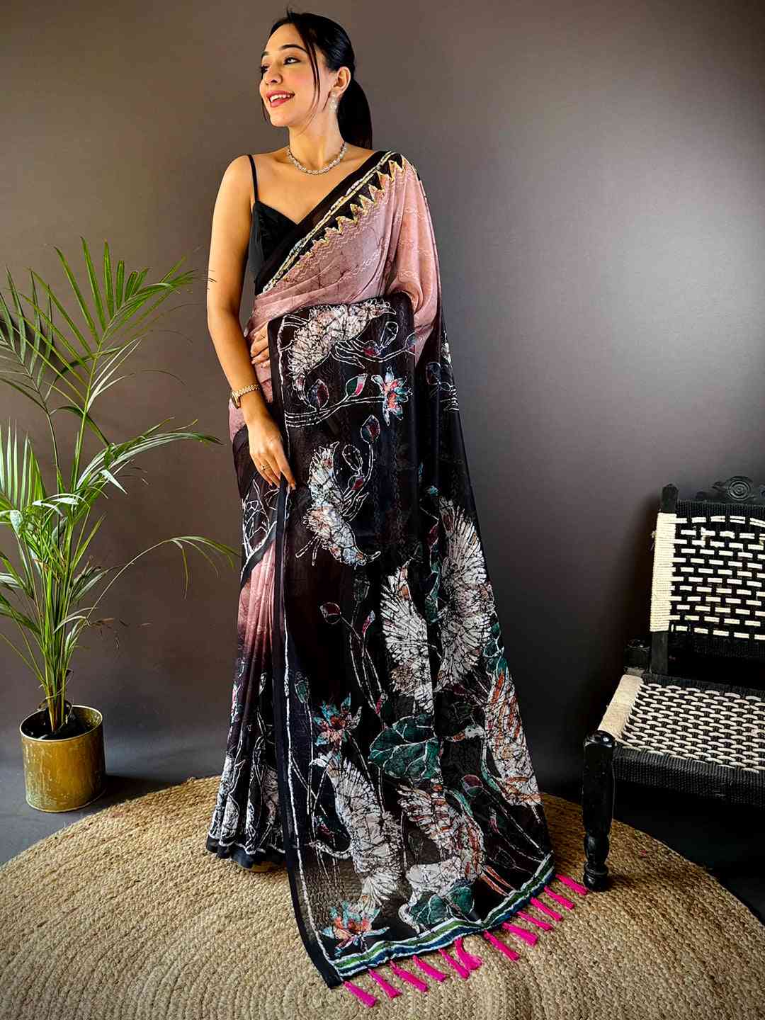 Pink Georgette Batik Printed Saree by My Store